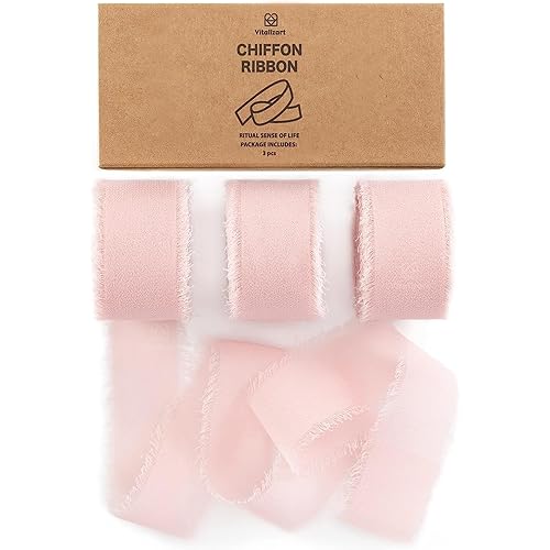 Vitalizart Blush Pink Chiffon Silk Ribbon 1" x 21Yd Fringe Fabric Eco-Friendly Package (3 Rolls *7Yd) for Wedding Invitations Bridal Bouquets Decorations Gifts Wrapping & Bow Making Light Pink