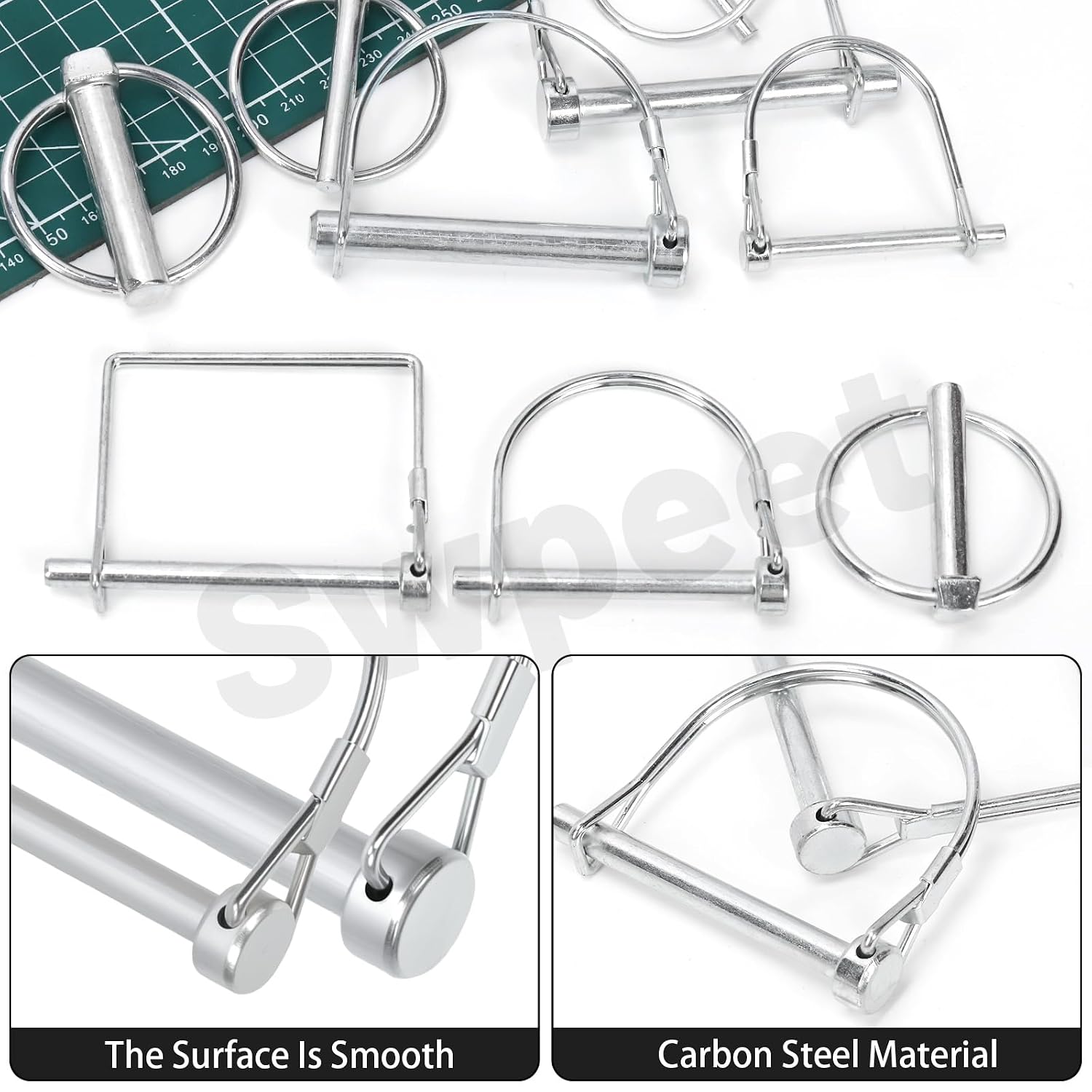 Swpeet 10Pcs 2Sizes 1/4" 5/16" Square Carbon Steel Trailer Coupler Pin Assortment Kit, Zinc Plated Heavy Duty Wire Lock Pin, PTO Shaft Hitch Pin for Farm Trailers, Towing, Lawn Equipment