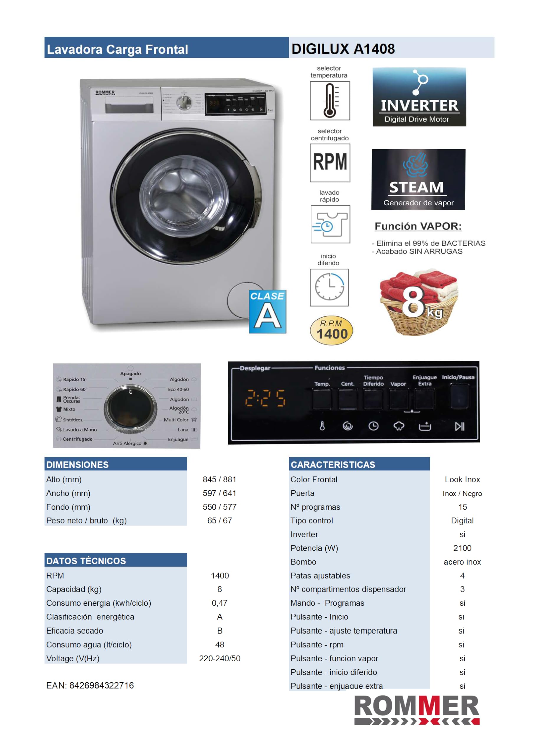 Lavadora Rommer Digilux A1408, carga frontal, capacidad 8 KG, clasificación energética clase A, Look Inox