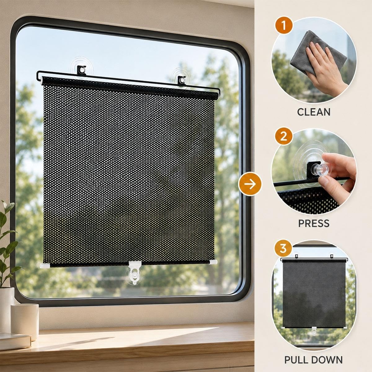 Store Enrouleur Pare-Soleil Rétractable à Ventouses, sans Perçage, Store de Fenêtre en Maille Filtrante pour Maison, Voiture, Camping-Car, Bureau, Porte Vitrée(W 70 x 100 cm)