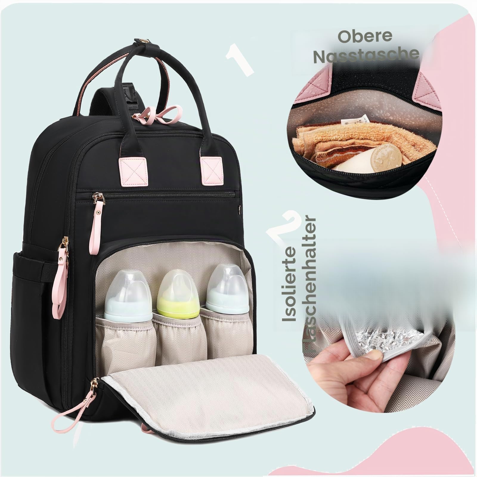 LORADI 18 Taschen Wickeltasche Rucksack Großer Wickelrucksack | Kinderwagen Clips, Gepäckhülse für Reisen, 4 isolierte Taschen, wasserdicht, leicht zu reinigen, langlebig
