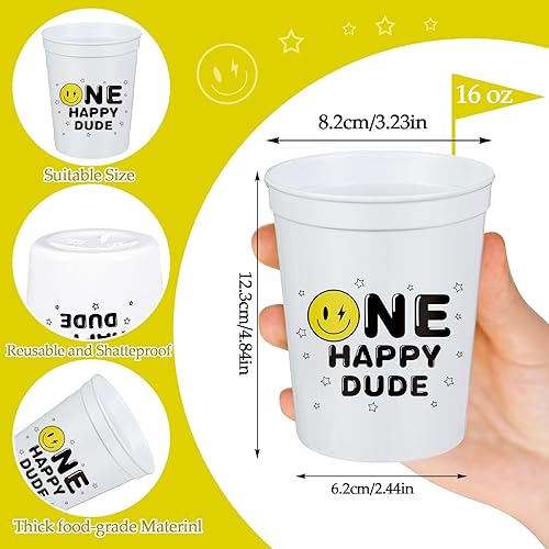 Miniatura 2 de Norme 24 vasos de plástico de 16 onzas con texto en inglés One Happy Dude para beber, vasos reutilizables para bebés, regalos de cumpleaños con cara