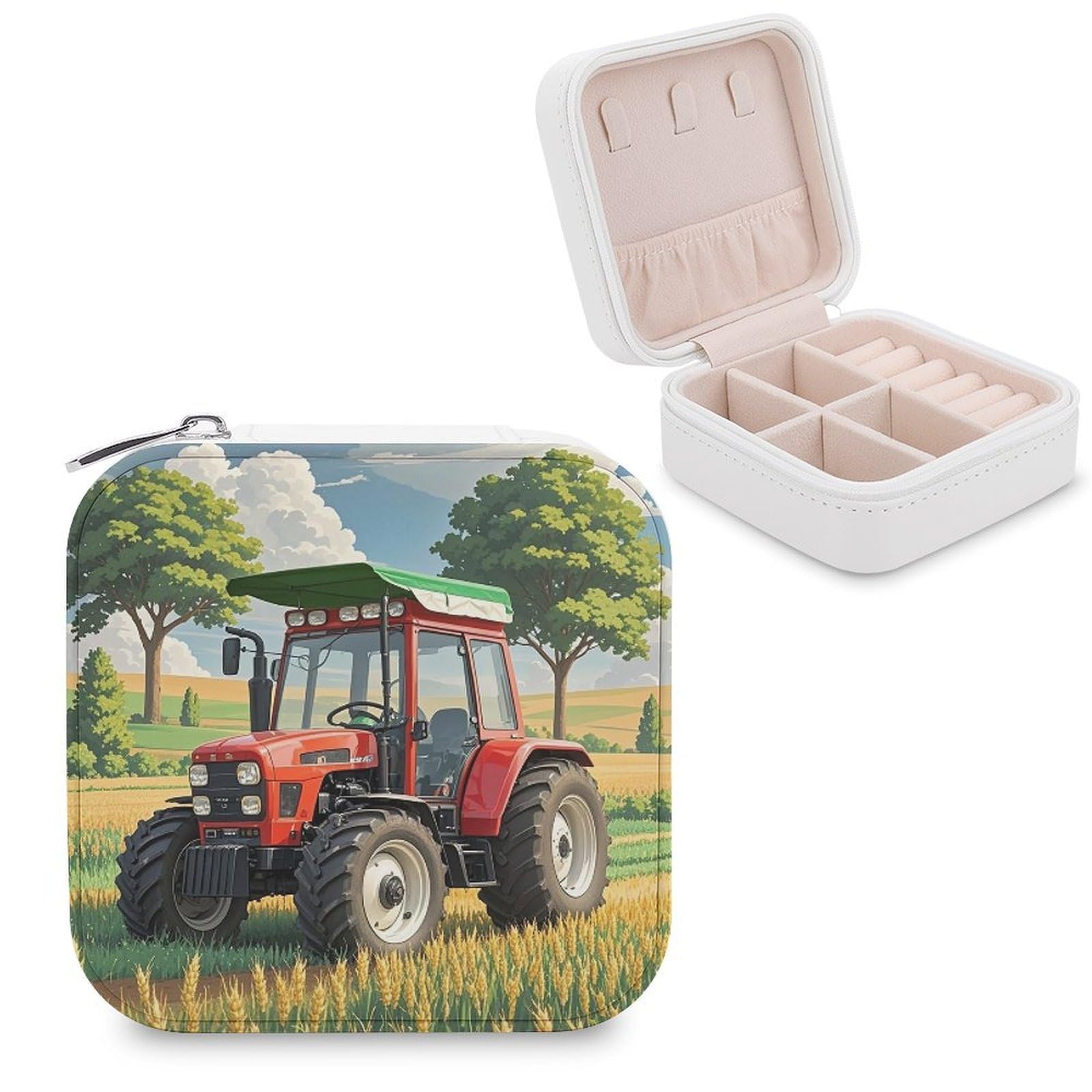 LZQPOEAS Tractor Theme Jewelry Box Mini Jewelry Travel Case Trendy Stuff Ring Box Custom PU Leather Jewelry Boxes Portable Jewelry Case Earring Storage Organizer for Girls Women