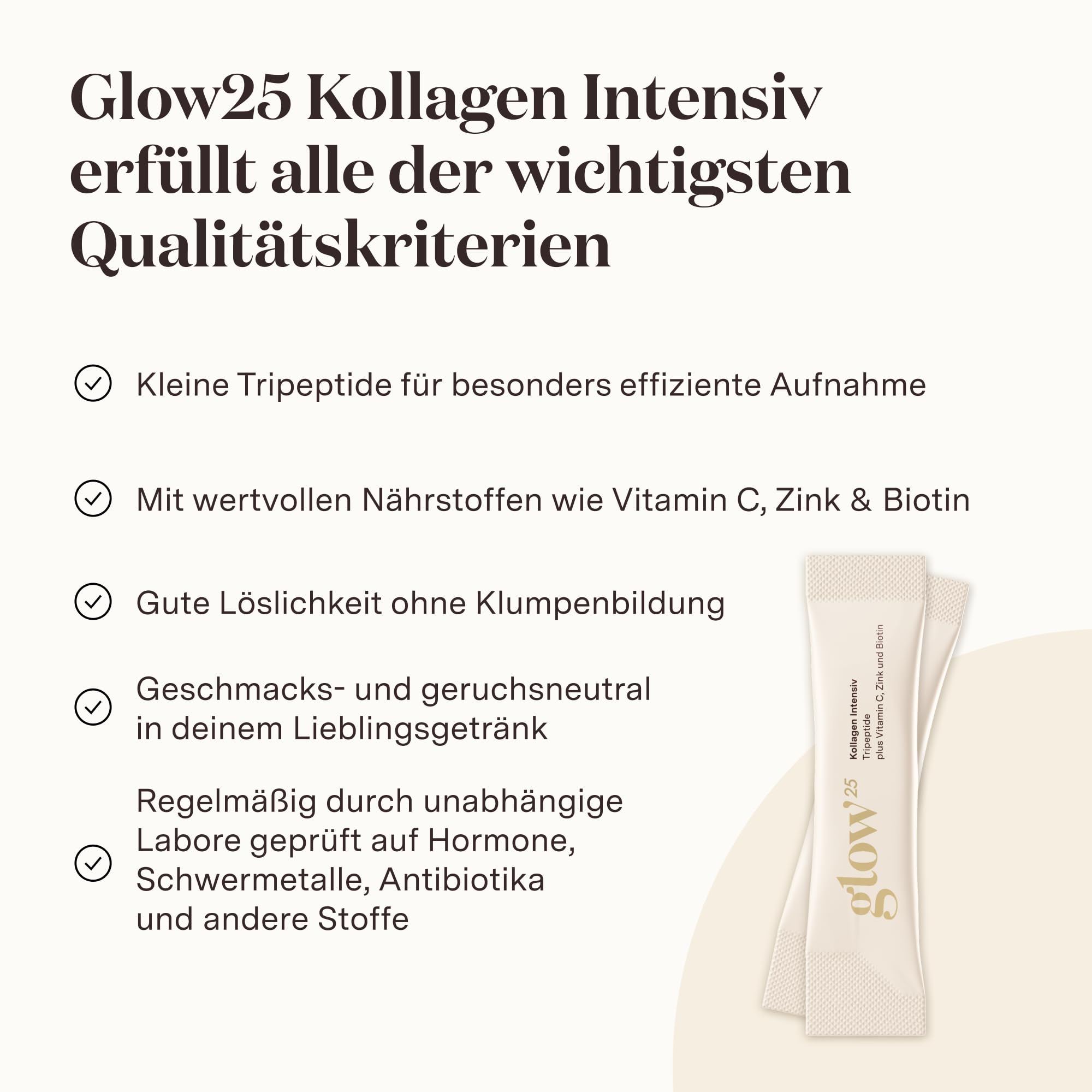 Glow25® Kollagen Intensiv [30 Sticks] – mit Tripeptiden, Vitamin C, Zink und Biotin – Premium Marine Collagen Hydrolysat – Peptide Typ 1 und 3 – Gute Löslichkeit