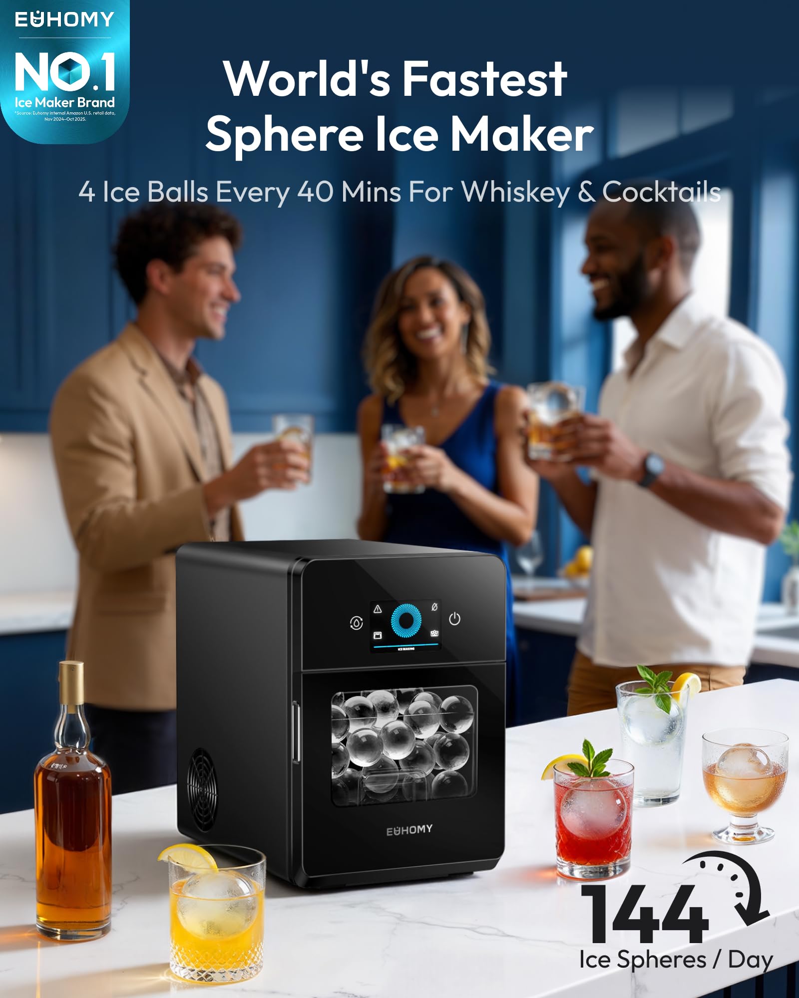 EUHOMY 2" Ice Ball Maker Countertop, 4Pcs Ready in 40Mins, 144Pcs/day, Self-Cleaning Sphere Ice Maker Machine with Crystal Clear Ice, Round Ice Cube Maker for Whiskey & Bourbon — view 2