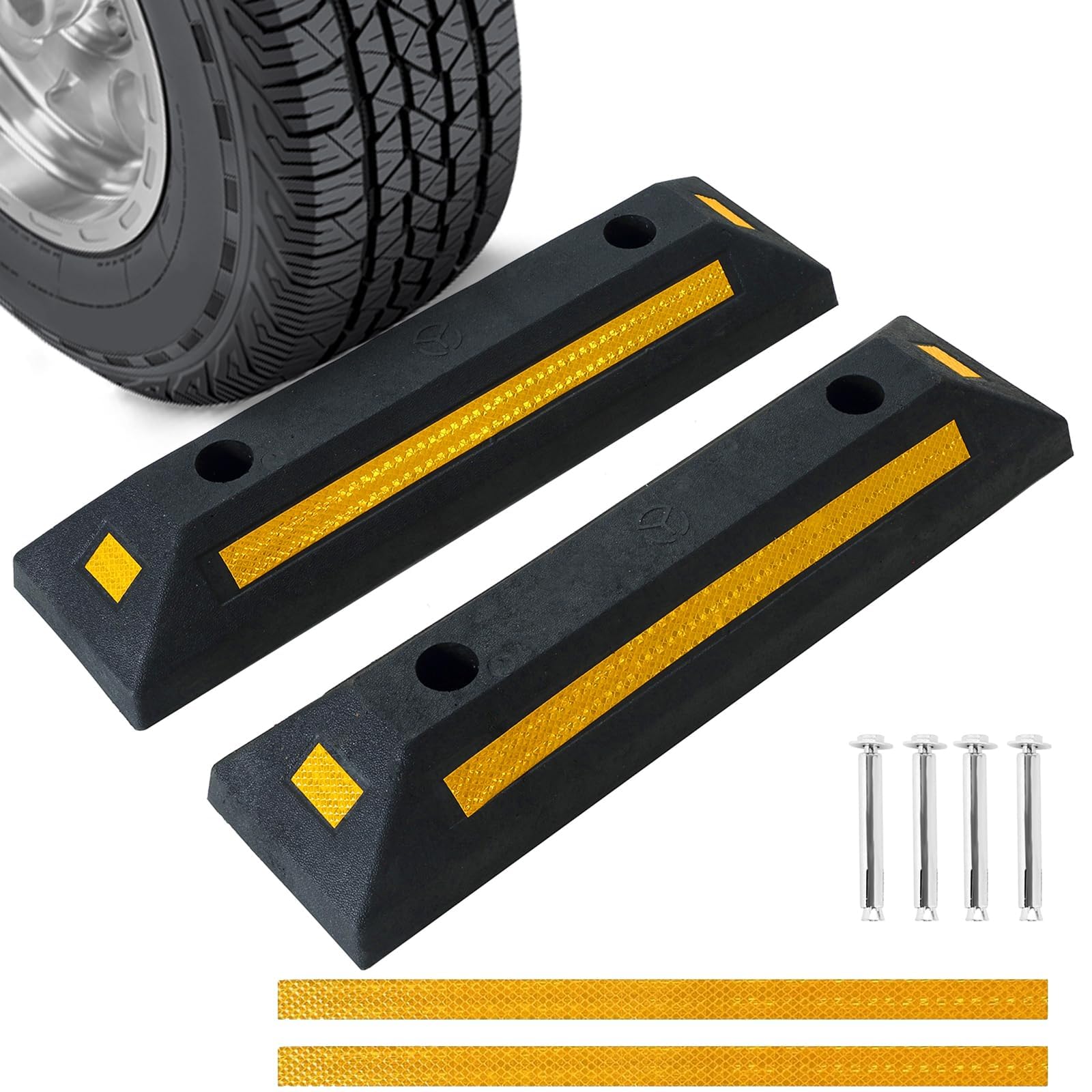 DASBET 2 Pack Heavy Duty Rubber Parking Block Parking Curb | Wheel Stop Stoppers with Yellow Reflective Stripes for Car, Truck, RV, Trailer, and Garage
