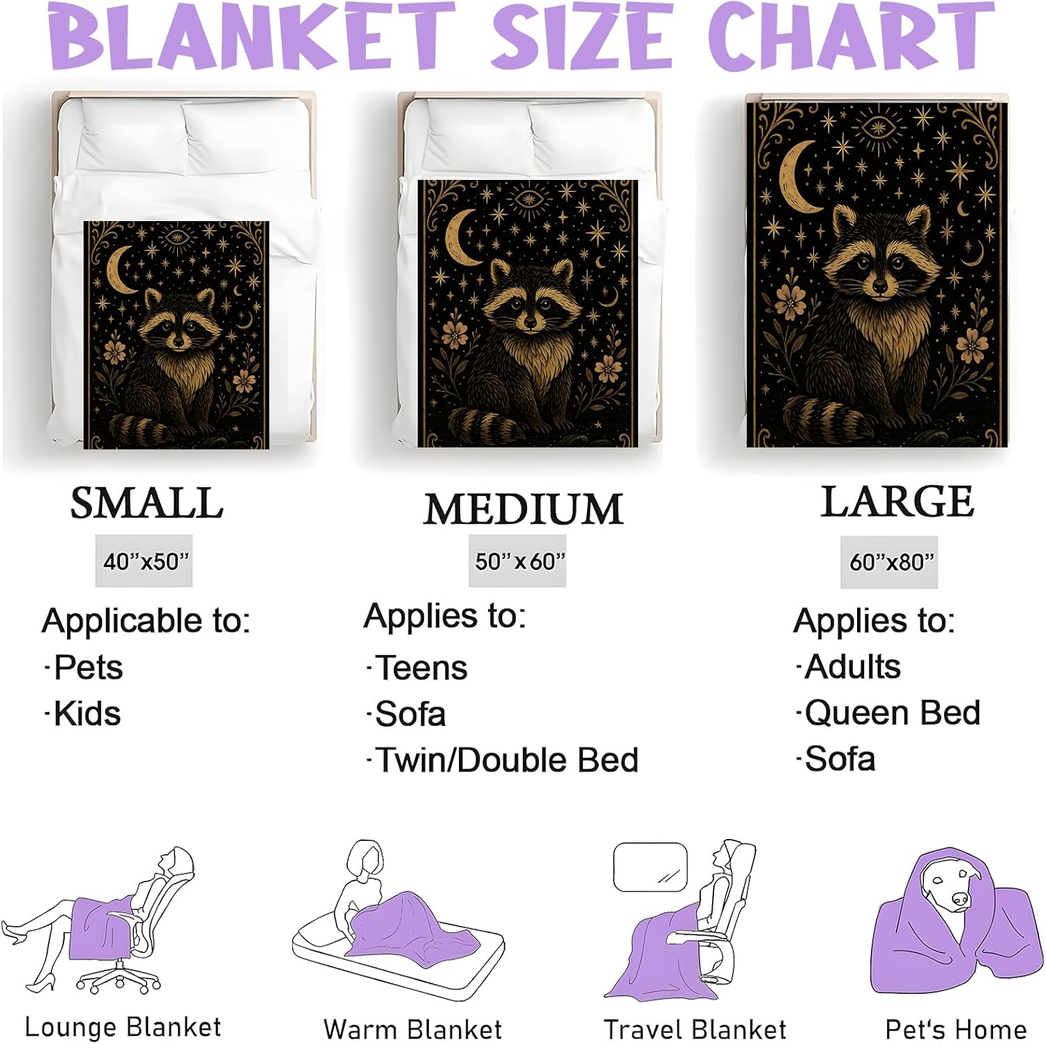 Mystical Raccoon Throw Blanket for Boys Girls Kids Adults, Cozy Celestial Forest Theme Flannel Blankets Gifts for Camping, Bedroom, Couch, Room Home Decor, 60"x80"