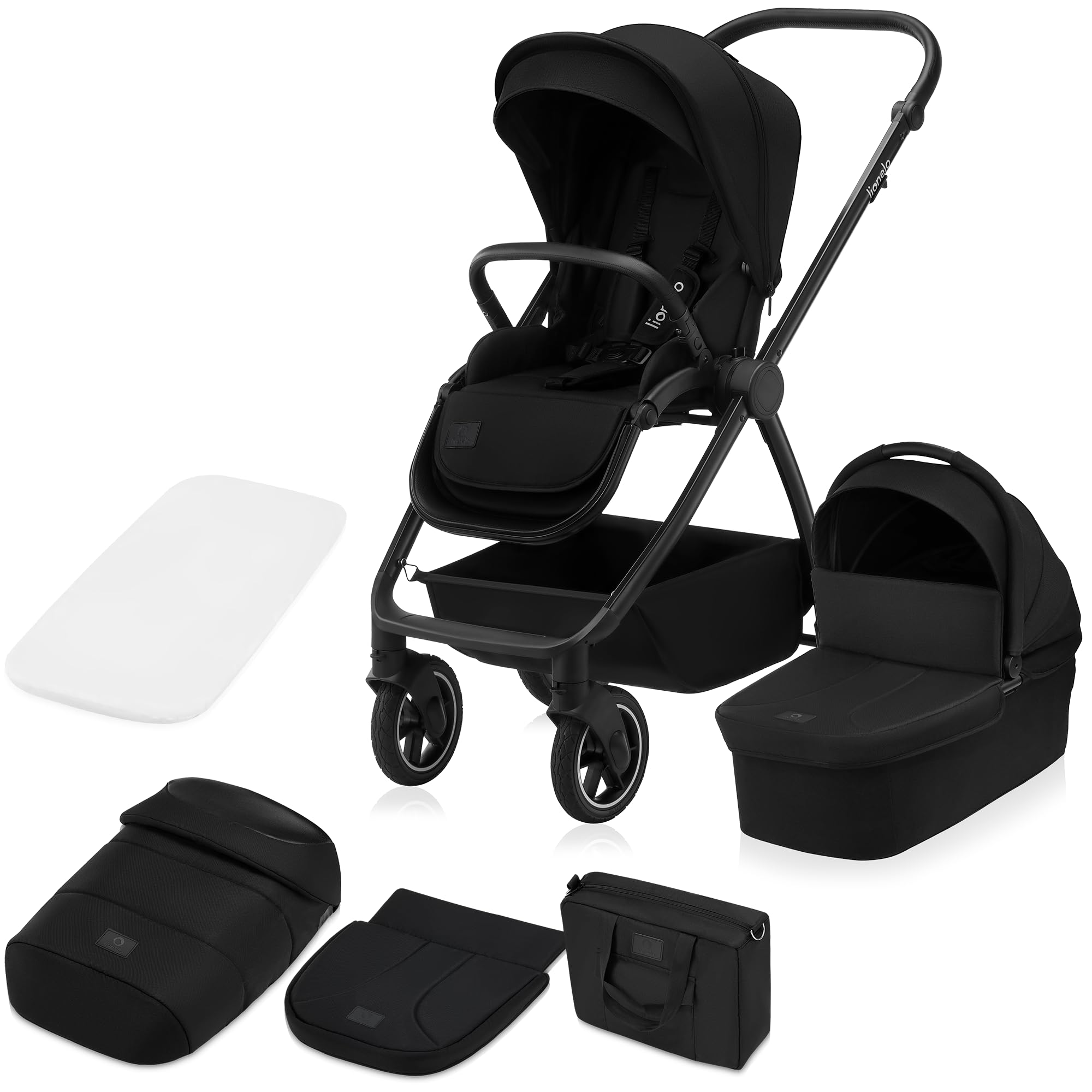 LIONELO Meril Carrozzina e Passeggino 2 in 1 con Navicella XXL 0-48 Mesi | Fino a 22 kg, Navicella fino a 9 kg, Ruote All-Terrain 360°, Schienale Reclinabile, Sospensioni e Cappottina XXL