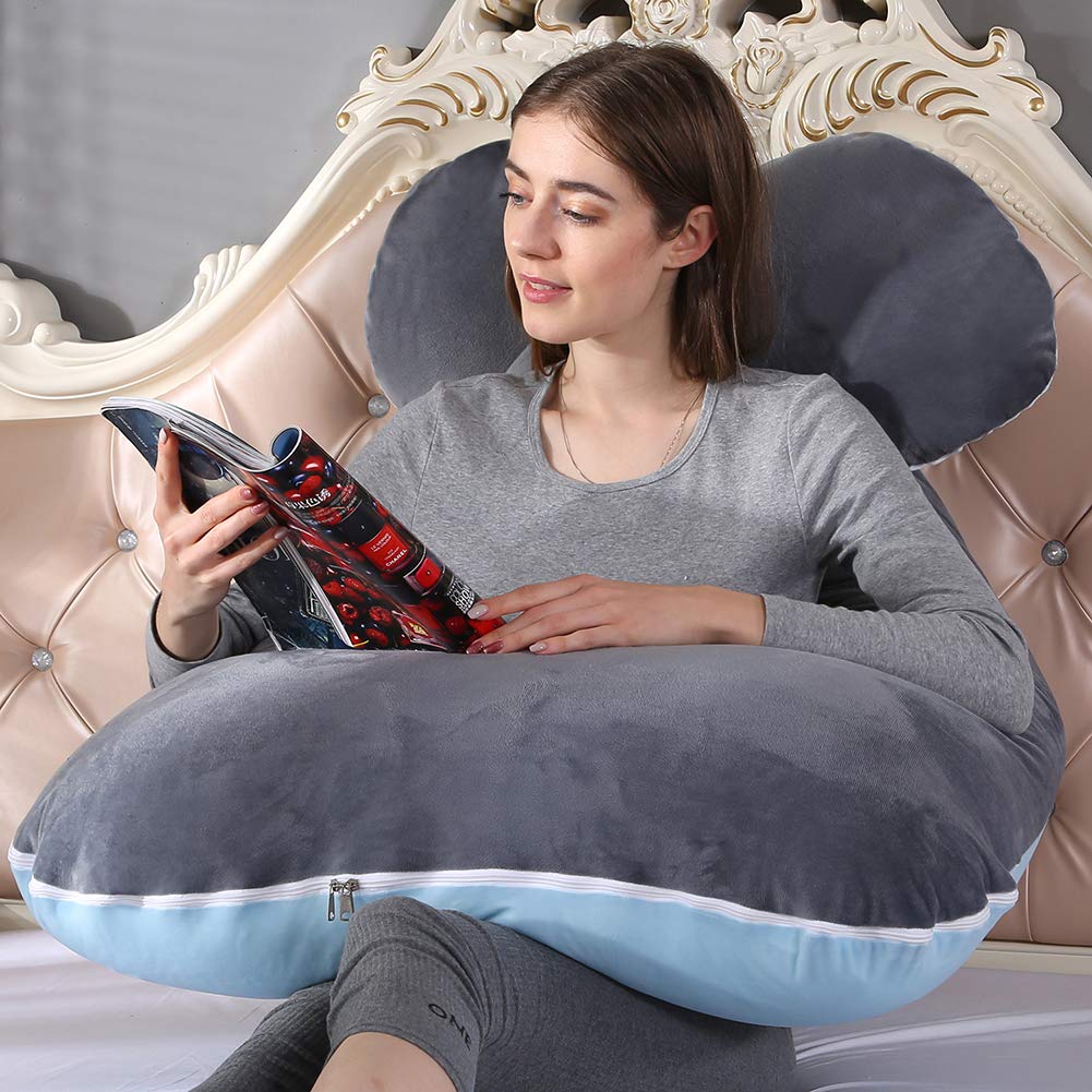 Cuscino per allattamento a forma di U con cerniera rimovibile in velluto di cotone per donne incinte, supporto schiena, fianchi, gambe, velluto, grigio + blu