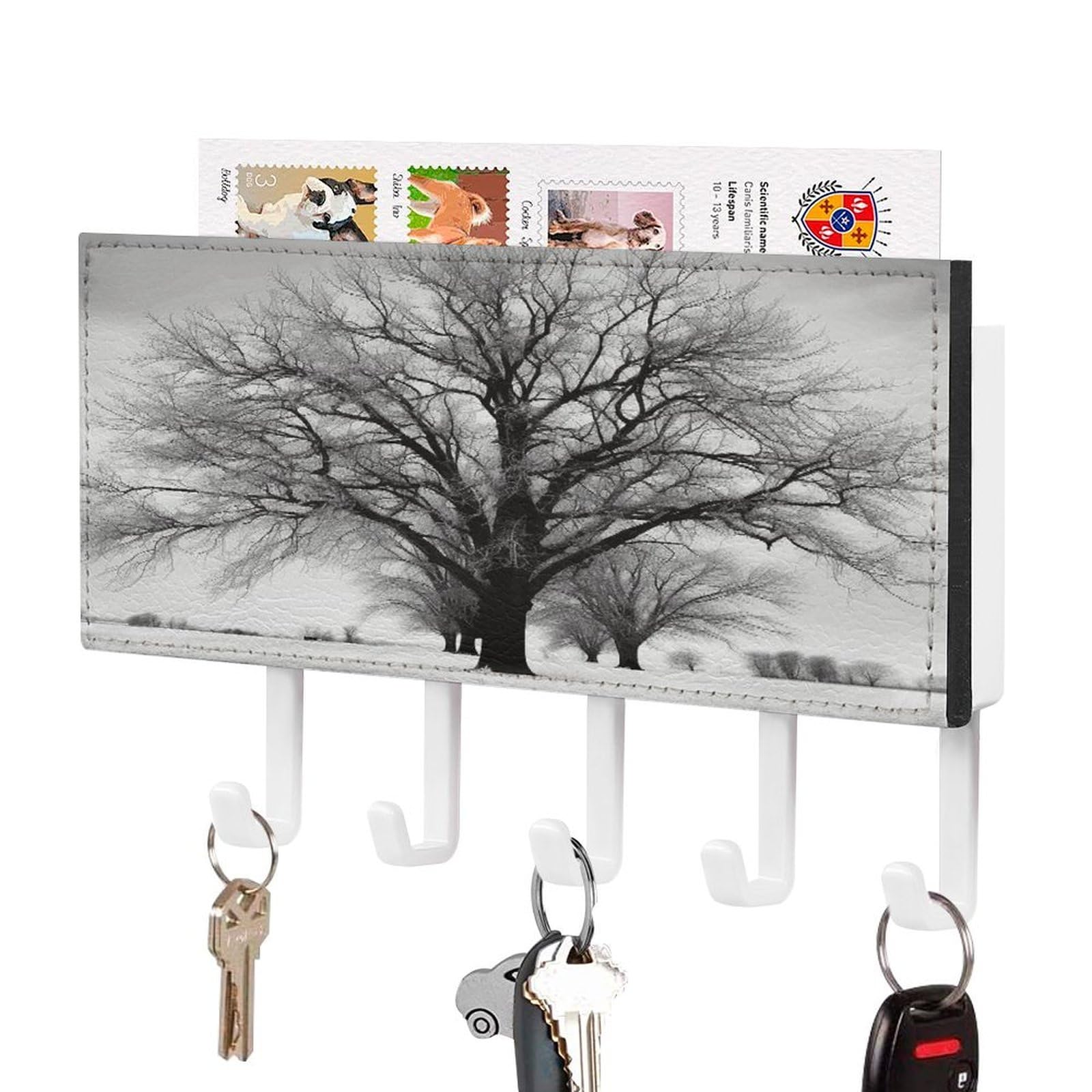 VstaDank Black and White Tree Key Holder for Wall Key Holder Wall Mount Adhesive with Mail Organizer Tray Adhesive Metal Key Rack with 5 Hooks Hanger PU Leather Key Hanger for Entryway