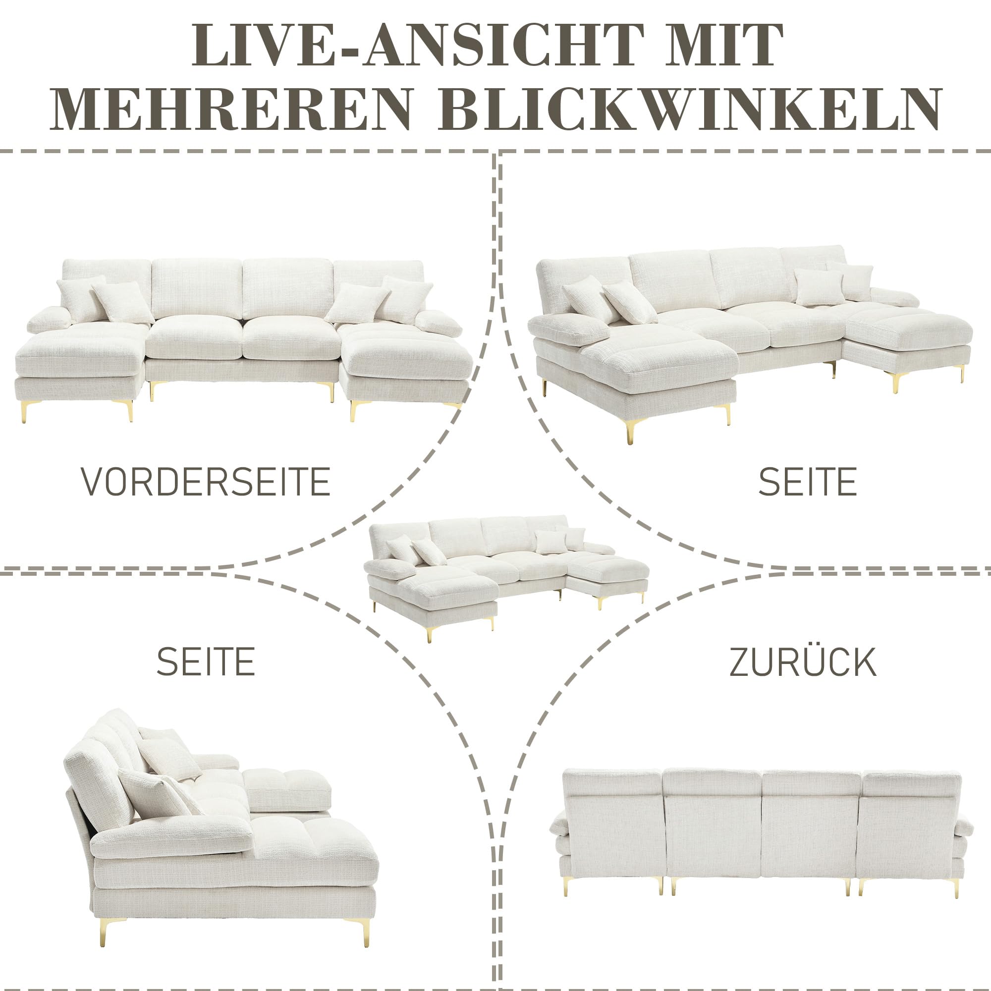 Lubvtti Sofá Moderno Grande de Chenilla en Forma de U con Asientos Dobles reclinables, sofá de Esquina, sofá 4 plazas para Sala de Estar/Dormitorio, Beige