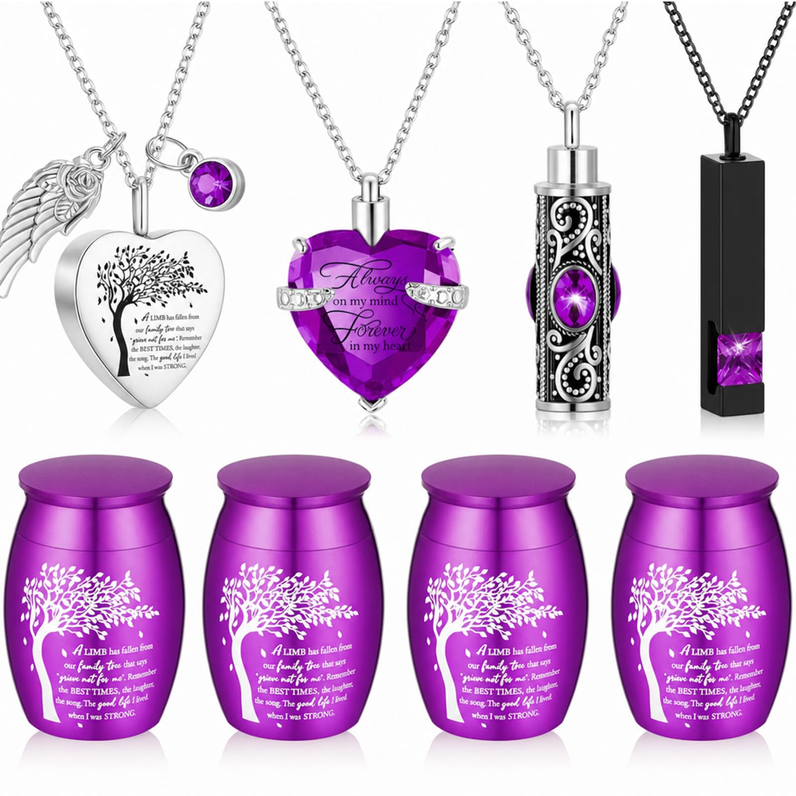 8Pcs Cremation Mini Urn Set with Jewellery, Tree of Life Memorial Keepsake Urns and Pendant Necklaces for Human or Pet Ashes, Small Funeral Ash Holder Keepsakes(Purple)