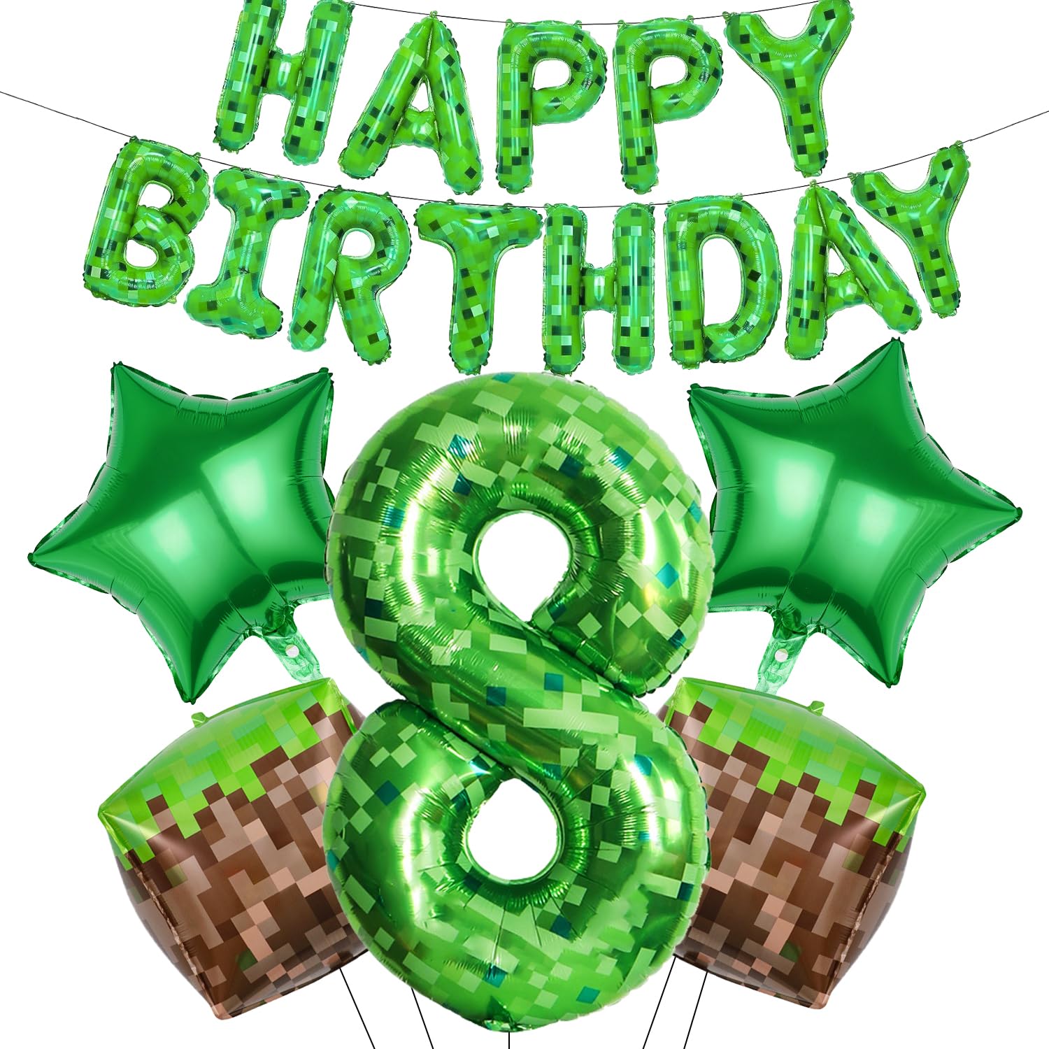 RNHDLY Pixel Balloon Birthday Decoration 8 Years, Pixel Happy Birthday Balloons, Birthday Decoration Boy, Game Foil Balloon Birthday Decorations for Children's Birthdays and Game Player Party