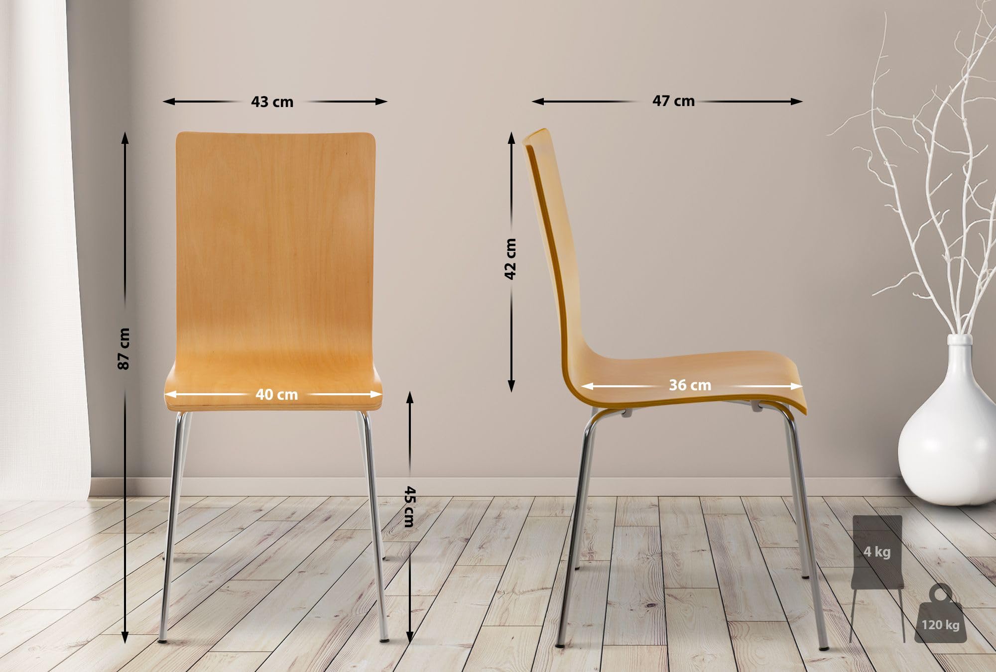 CLP Juego de 4 Sillas de Espera Pepe, Silla de Visitas con Asiento de Madera Ergonómico, Soporte Metálico, Color Natura