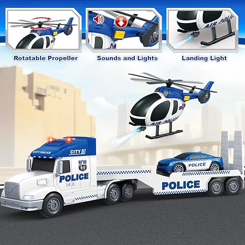Miniatura 3 de SpringFlower Juguetes para niños pequeños de 3, 4, 5, camión de policía extra grande con coche de carreras y helicóptero, juguete de coche de