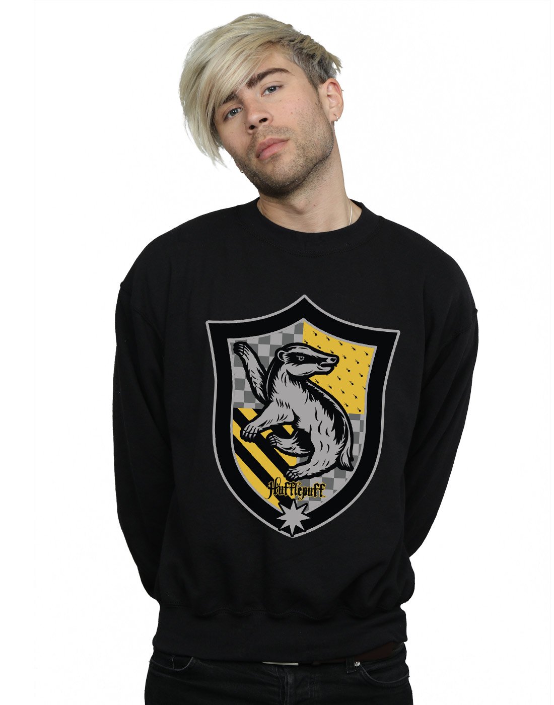 Absolute Cult Men's Black Harry Potter Hufflepuff Crest Flat Sweatshirt Small