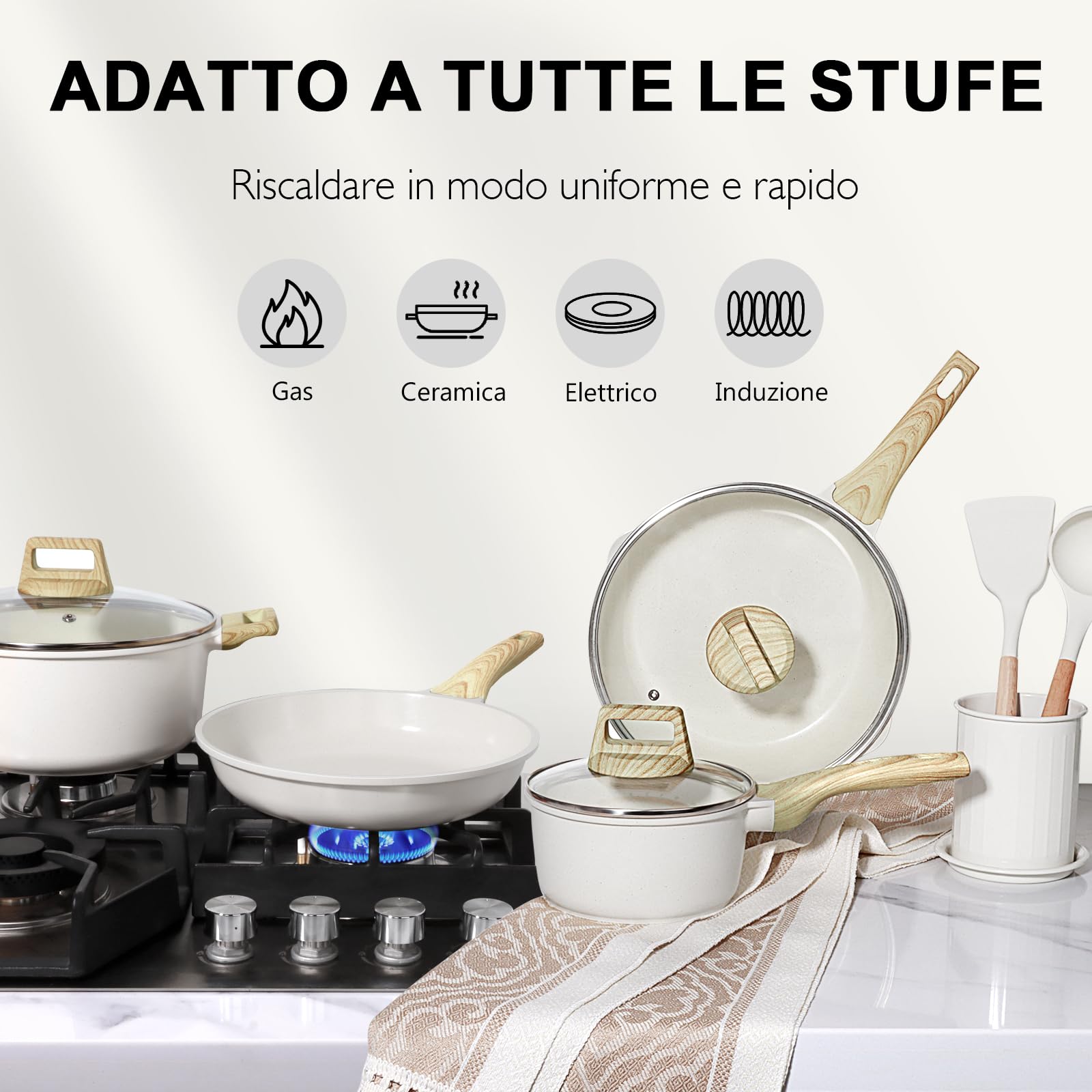 GiPP 22 Pezzi Set di Pentole a Induzione - Set di Padelle e Pentole con Rivestimento Antiaderente, Batteria da Cucina Atossica, Adatta a Diversi Tipi di Fornelli, Bianco