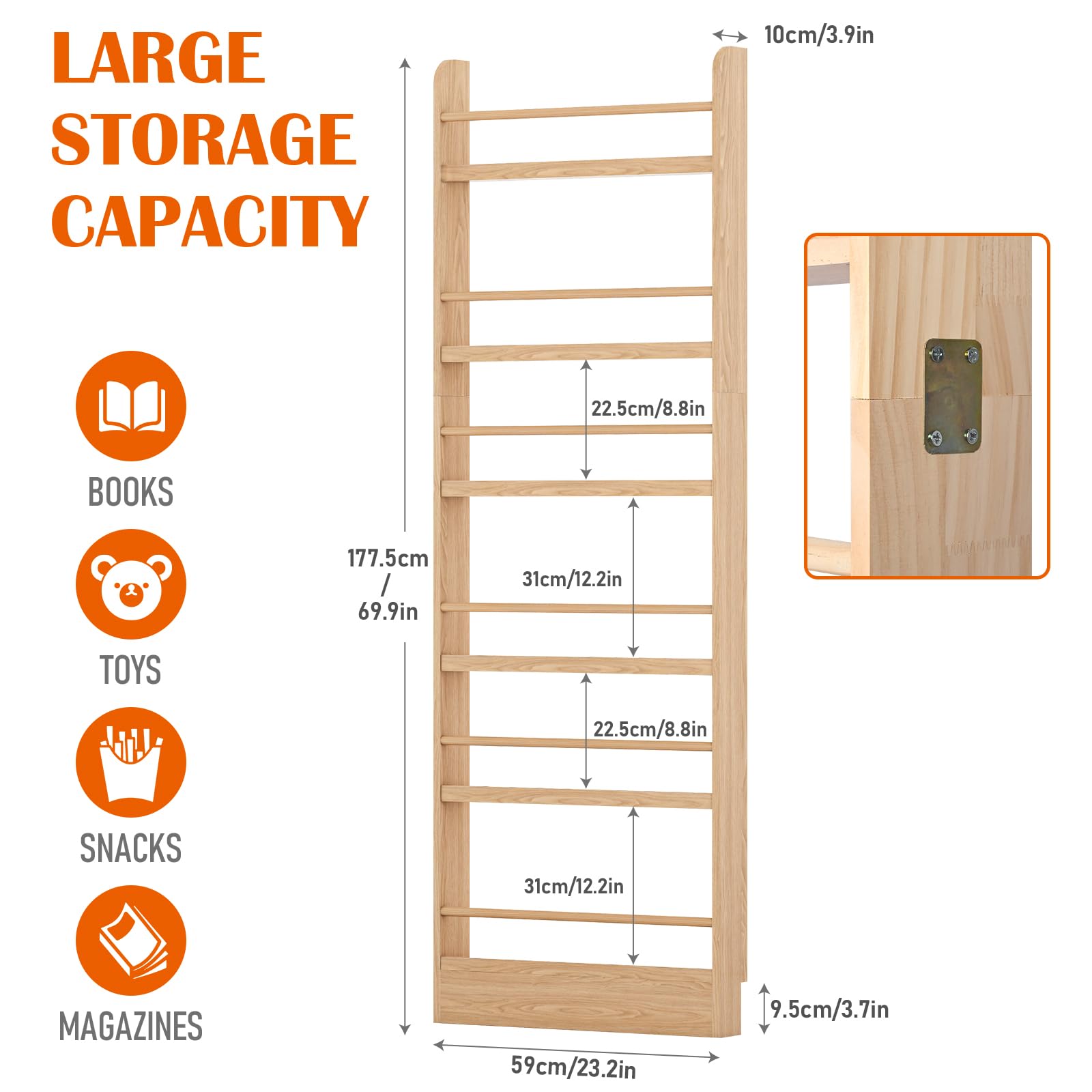 MYOYAY Bibliothèque pour Enfants à 6 Niveaux à Monter au Mur Derrière la Porte Organisateur d’Étagères pour Jouets et Livres Bibliothèque Étroite en Bois Massif Économiseur d’Espace pour Chambre