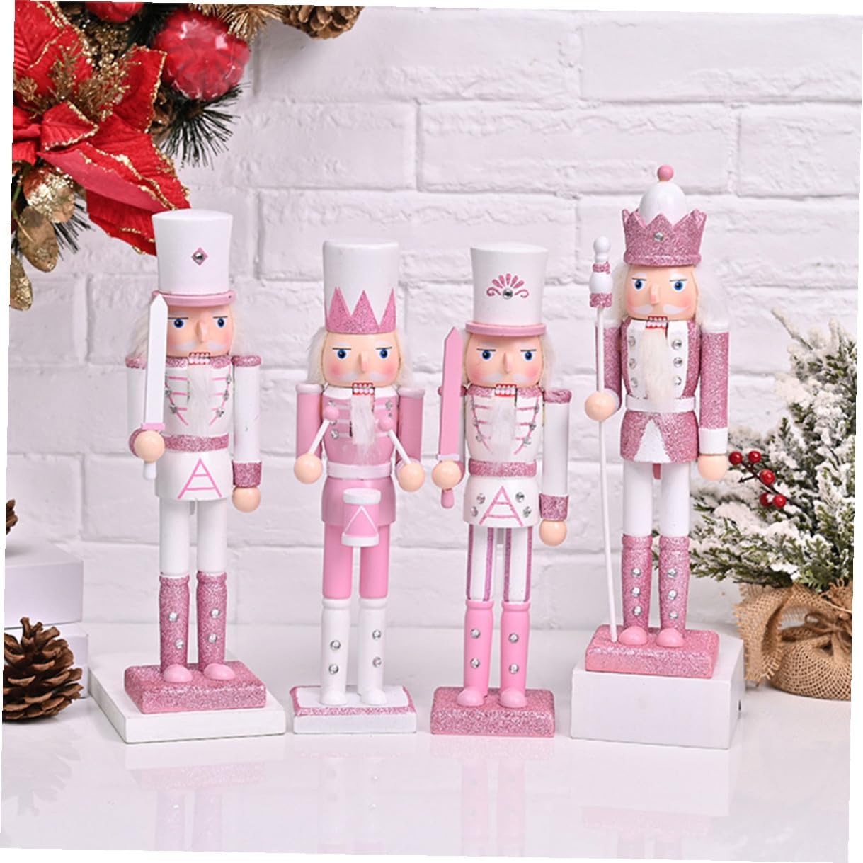 4pcs Wooden Nutcracker Figurines Christmas Nutcracker Ornaments Pink Desktop Decorations 24cm Set for Xmas Party Table Display
