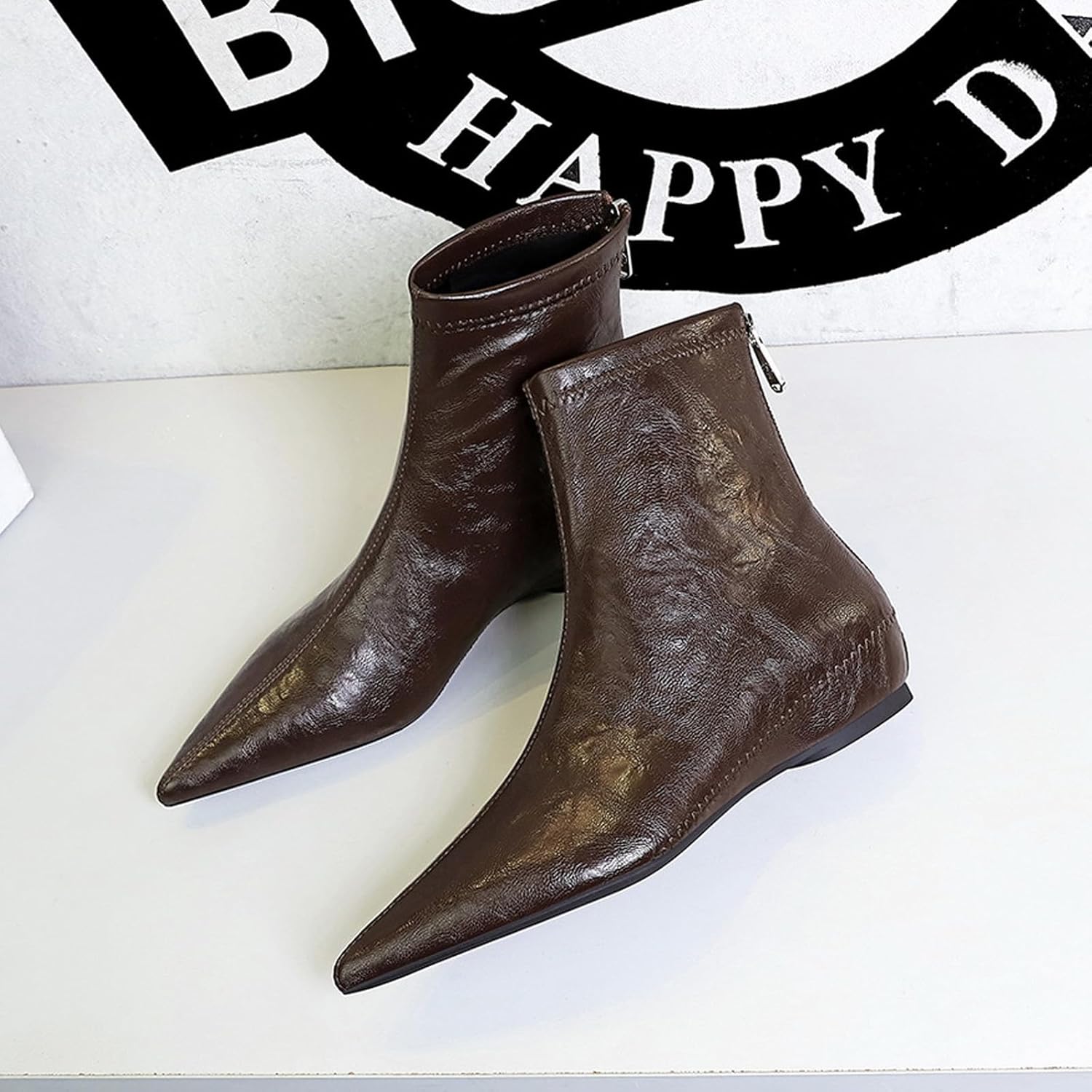 Women's Leather Stitching Details Invisible Wedge Ankle Booties Retro Handmade Pointed Toe Invisible Height Increasing Back Zippers Flat Dress Short Boots for Work Walking - Image 3