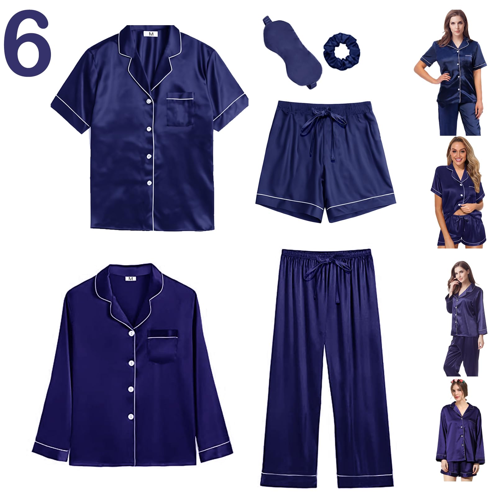 Y Wjing Yi Jia Women's Navy 6Pcs Silk Satin Pyjama Sets Pyjamas Set Pjs Set Button Down Pj Sets Sleepwear Loungewear
