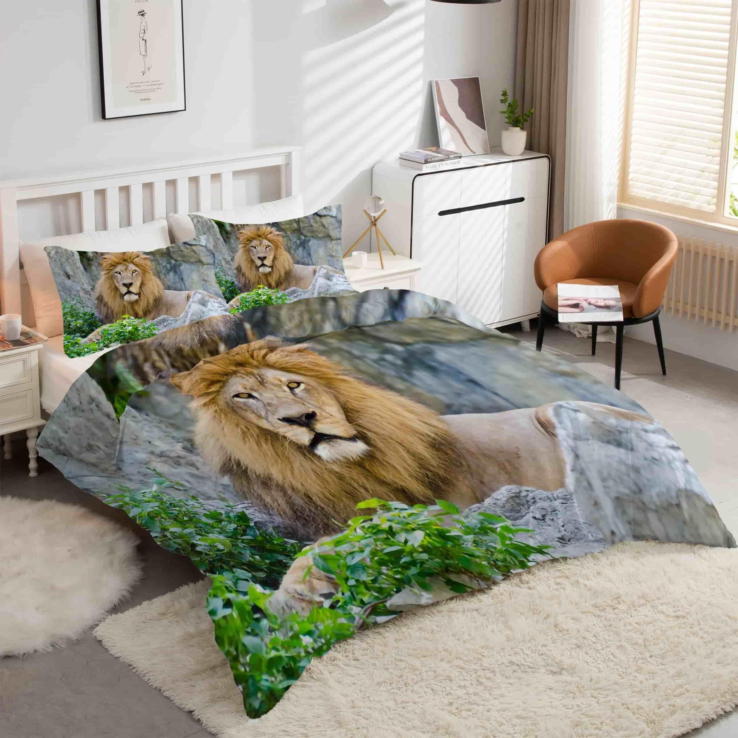 Housse de couette 200x200 lion imprimé animal avec taies d'oreiller zippées