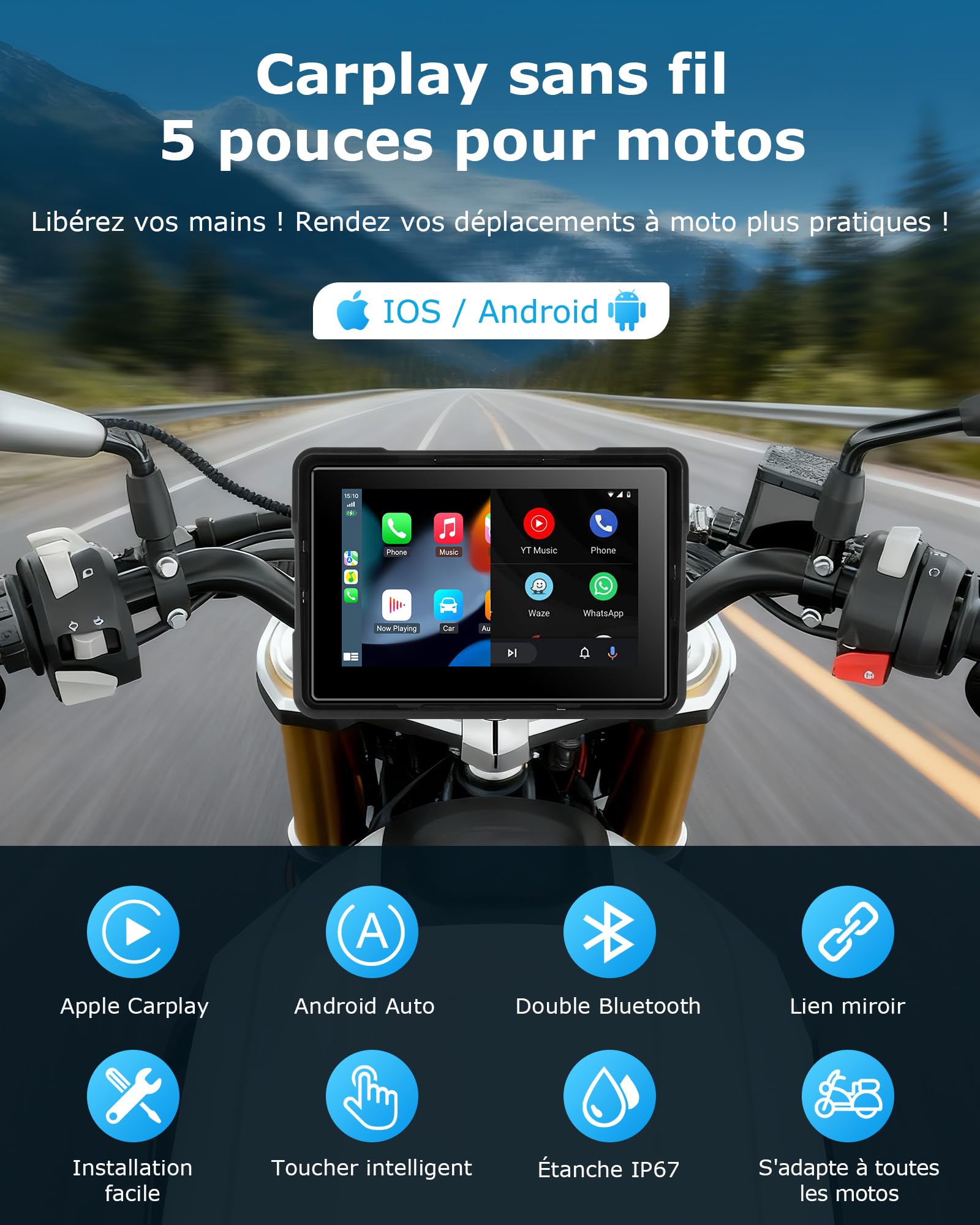 Jansite Carplay Moto Écran Android Auto avec Tactile Étanche de 5 Pouces | CarPlay&Android Auto Sans Fil, Vocales GoOgle & Siri, écran Tactile étanche IP67, Utilisable avec des Gants, GPS Navigation