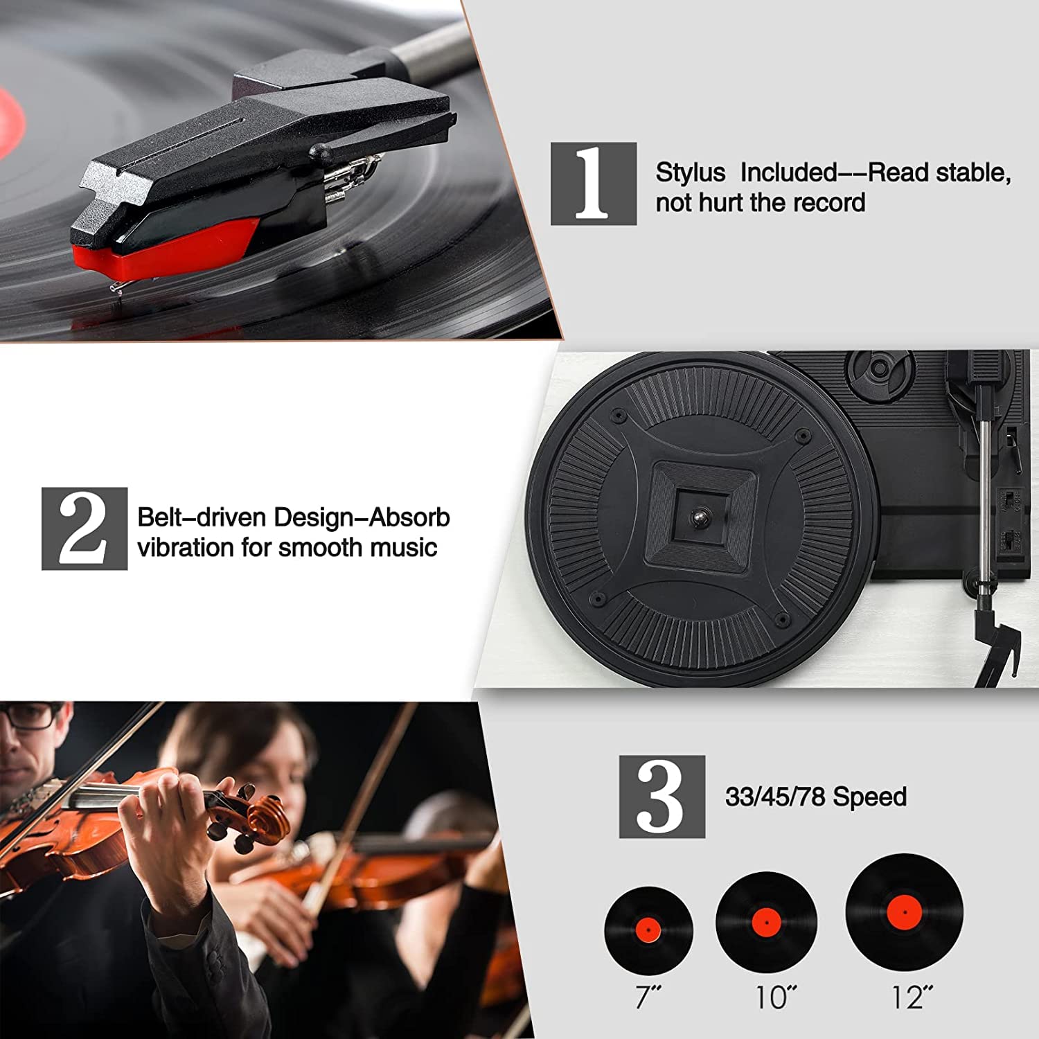 Udreamer Giradischi, Giradischi con Altoparlanti Integrati e Trasmissione a Cinghia Bluetooth, Fonografo Vintage con 3 Velocità per il Divertimento Musicale e la Decorazione Della Casa Bianco
