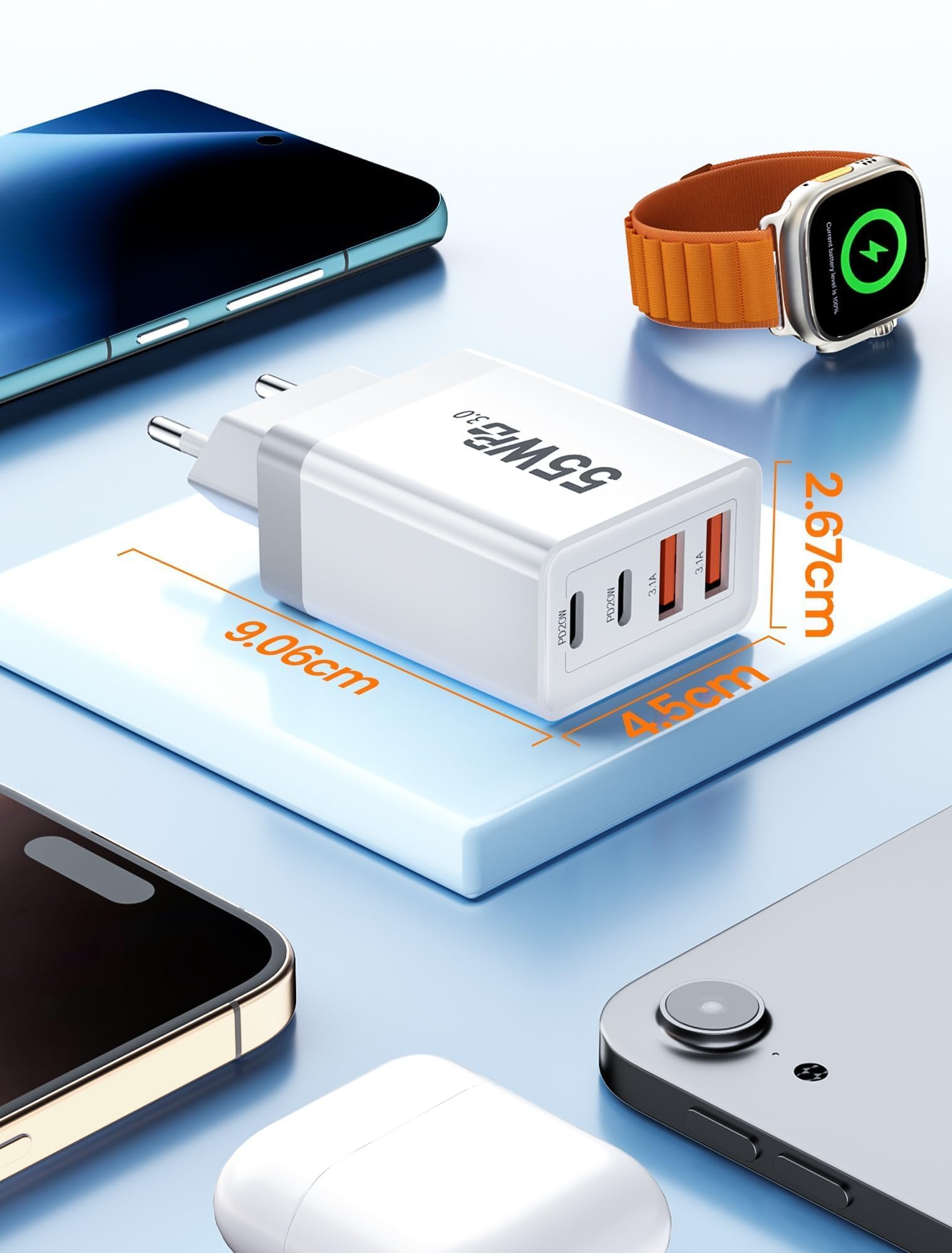 NEUTYPECHIC 55 W Caricatore USB C Rapido, 4 Porte Presa Spina Alimentatore USB C Caricabatterie, Presa Multipla PD 3.0 Carica Cellulare, per iPhone 16 15 14, per Samsung Galaxy e Altri Smartphone