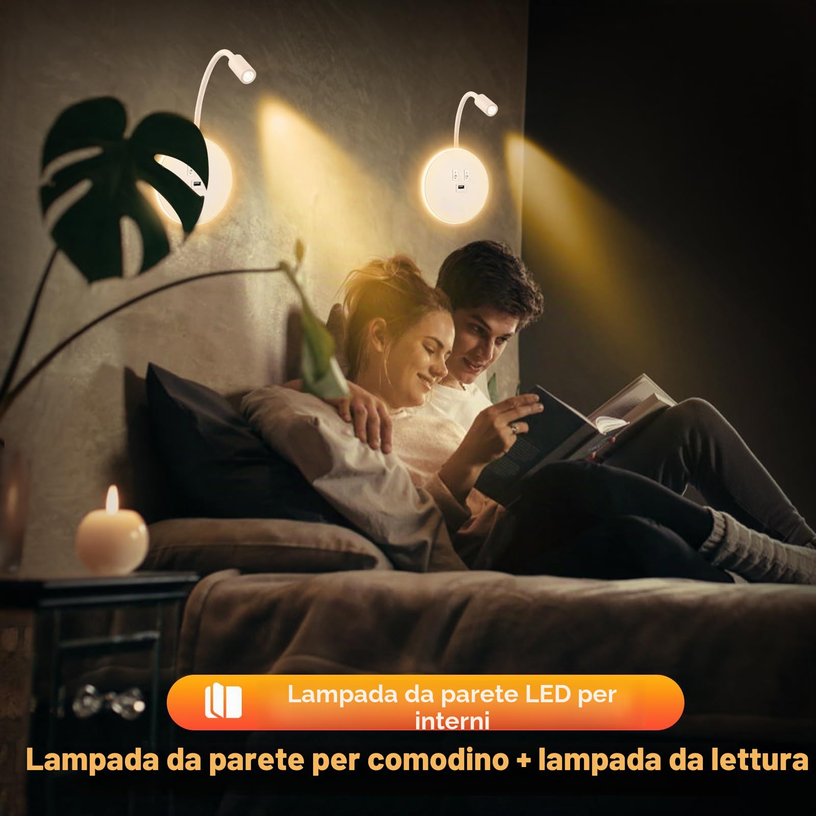 Weigudoc Lampada da Parete a LED Lampada a Collo di Cigno Flessibile, 2 Pezzi Faretto da Lettura a Muro 3W + 9W, Applique da Letto con Porta di Ricarica e Interruttore (Bianco)