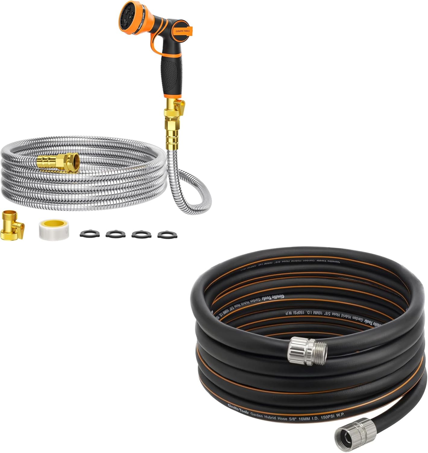 Giraffe Tools Garden Hose 20ft x 5/8", Custom Length, Heavy Duty, No Kink, Flexible, Rubber with Garden Hose 25ft x 5/8", 304 Stainless Steel Metal Water Hose