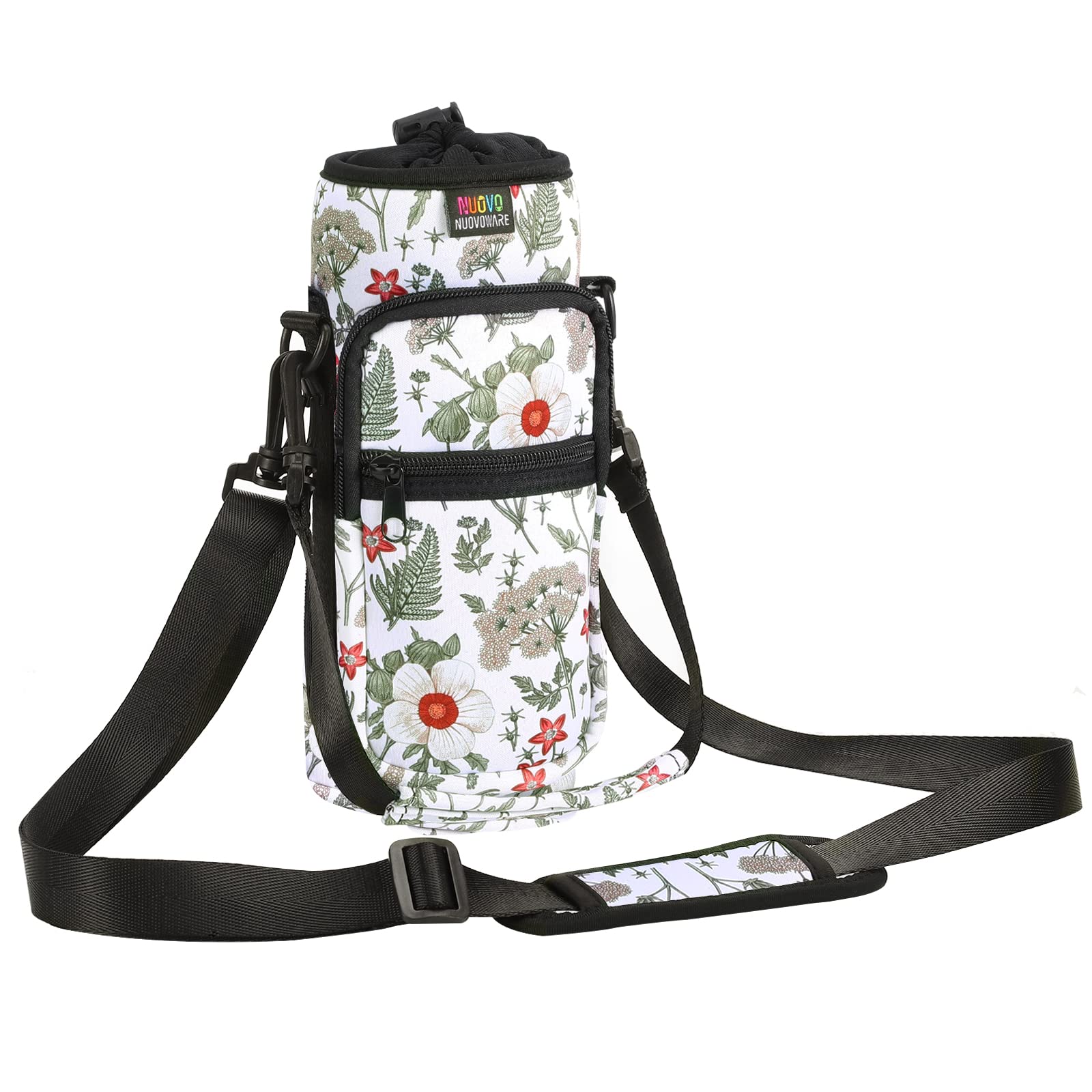 Nuovoware Water Bottle Carrier Bag, 750ml Bottle Pouch Holder, Adjustable Shoulder Hand Strap 2 Pocket Sling Neoprene Sleeve Sports Accessories for Hiking Travelling Camping, Hibiscus White โ image 1