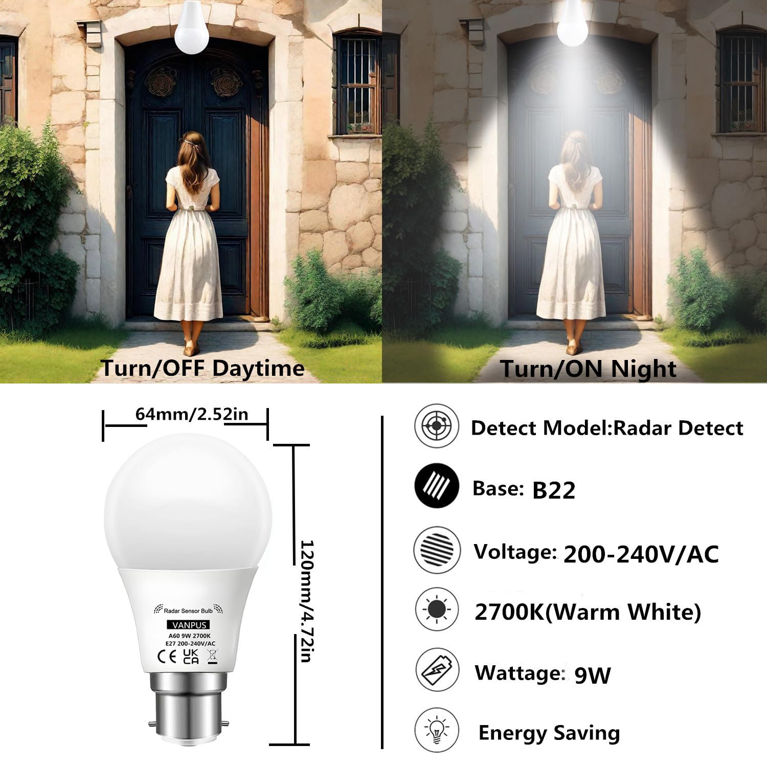 Vanpus Motion Sensor Light Bulb, B22 LED Light Bulb, Auto On/Off Radar Sensing Bulb - Image 2