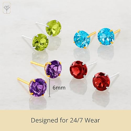 Miniatura 3 de Aretes redondos de oro de 14 quilates para mujer, aretes de piedra natal de 0.236 pulgadas Aretes de piedras preciosas de oro real para mujer