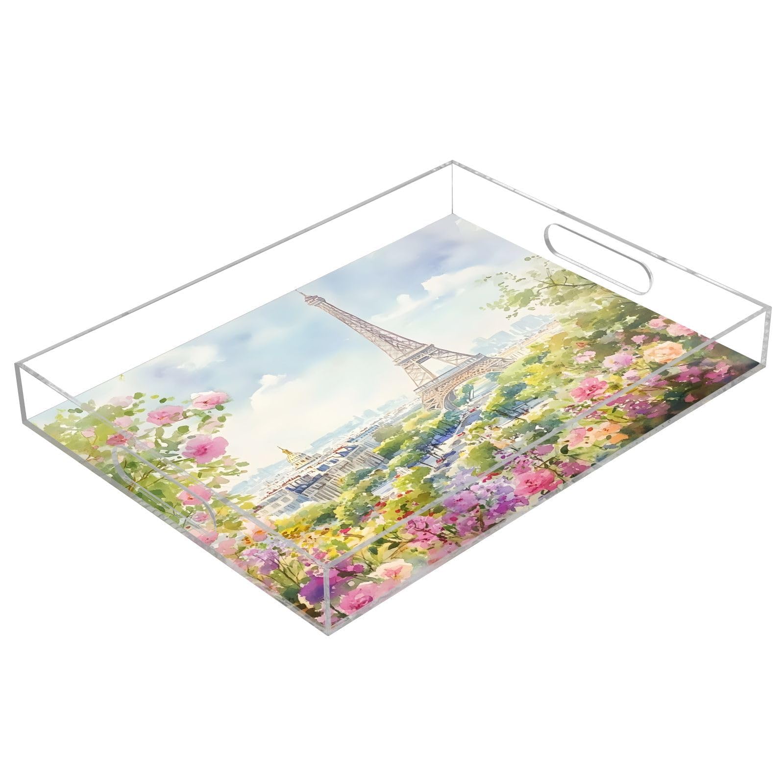 BOESI Watercolor Tower and Flower Sea Pattern Acrylic Decorative Dining Tray, Acrylic Decorative Tray Organizer with Handle for Kitchen, Dining Room, Bathroom, Dresser