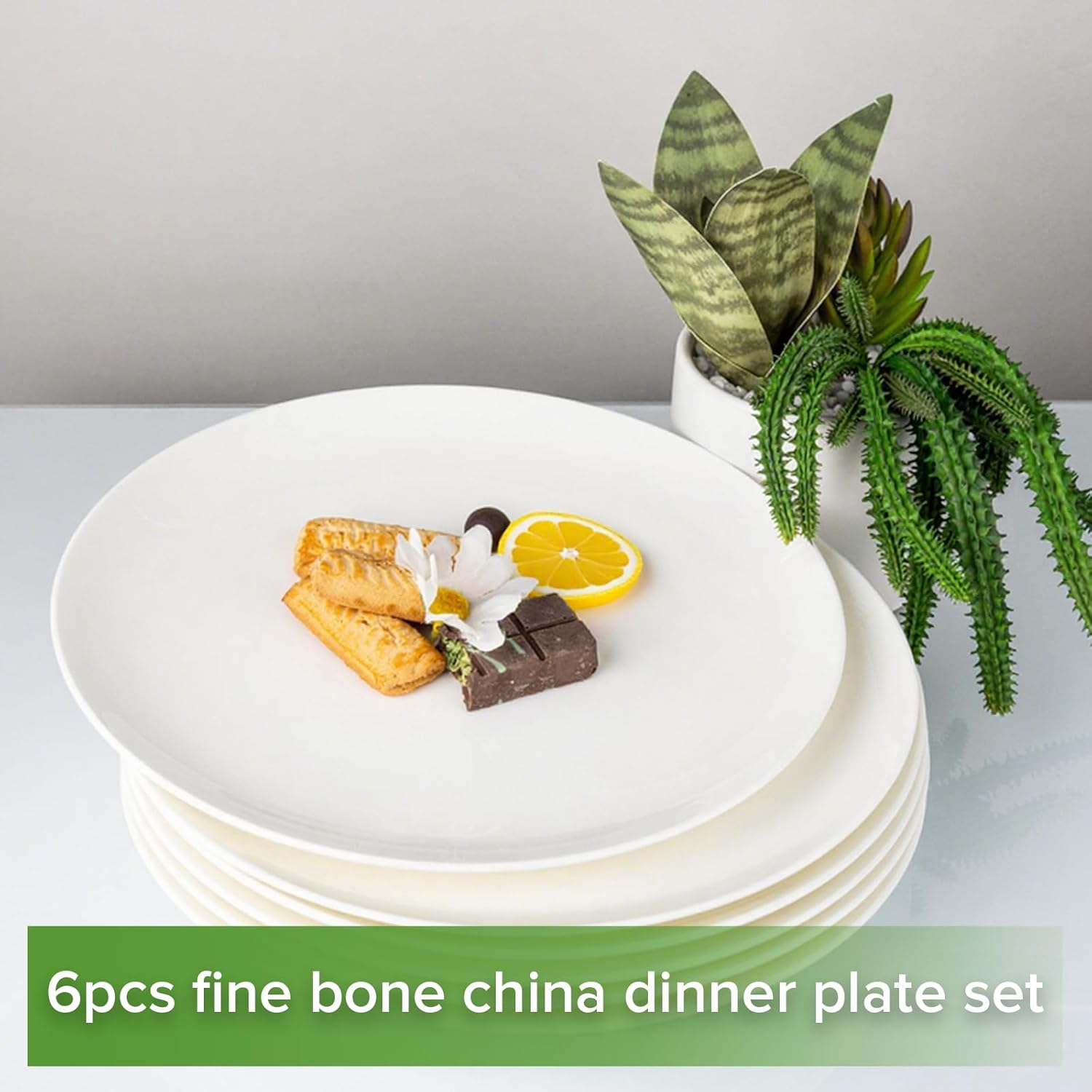 Fine Bone China Dinner Plates 6-Piece, Flate Plate, Pasta Plate 10.75 Inches, Fine Glaze With Pure White Color Sturdy and Durable, Thin Thickness and Light Weight, Microwave and Dishwasher Safe