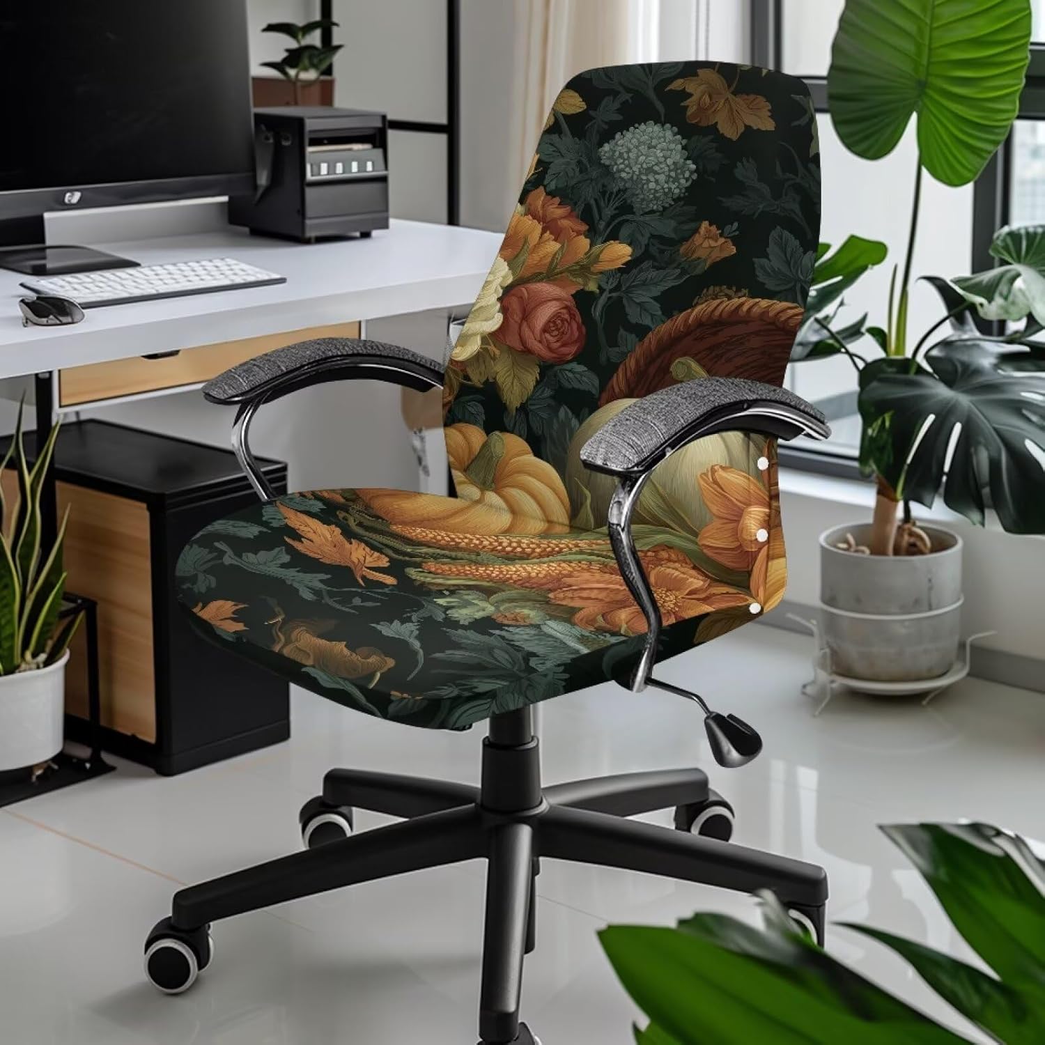 Cute Pumpkin Office Chair Covers Stretch Desk Chair Cover, Jacquard Executive Computer Chairs Covers for Armrest Chairs, Non Slip Home Seat Cover Protector Slipcover Size S
