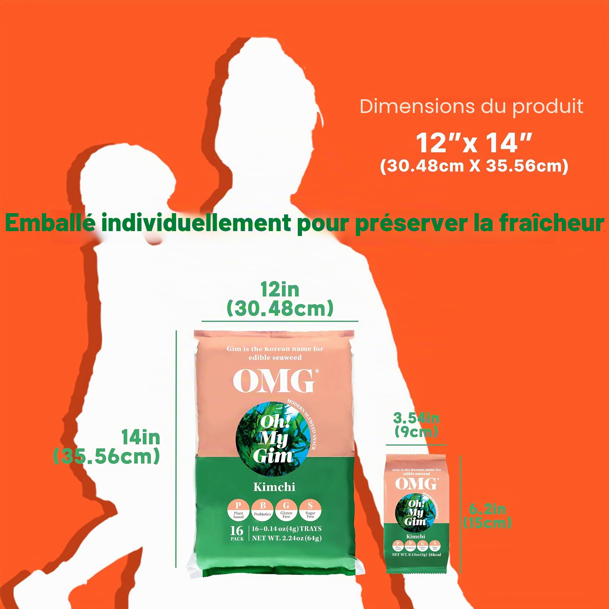 Oh! My Gim – Snack aux algues coréennes – Saveur Kimchi, Léger & croustillant – Encas original – 16 pack