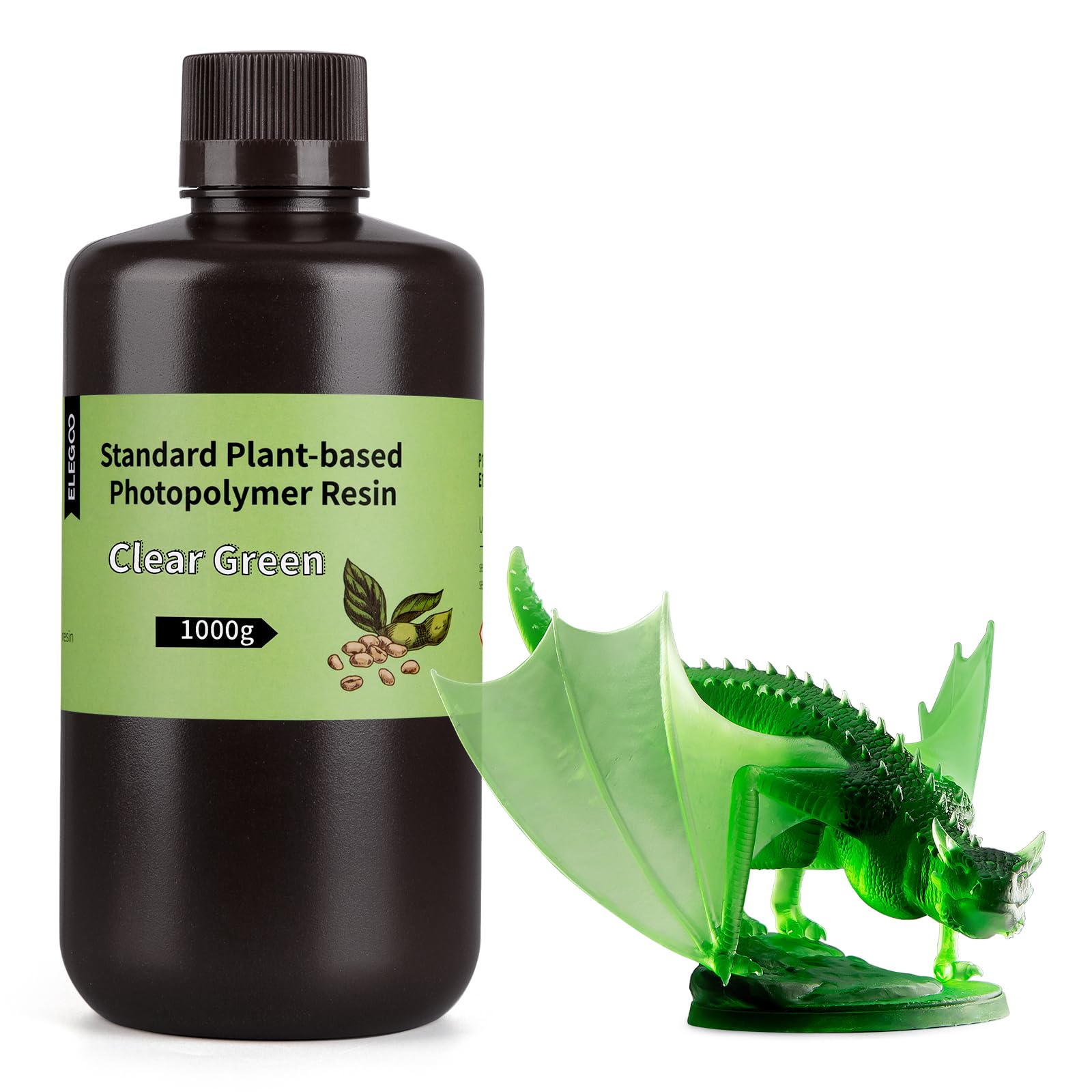 ELEGOO Standard 3D Drucker Resin auf Pflanzlicher Basis mit Extrem Geringem Geruch und Hoher Präzision, 405 nm UV Photopolymerharz, Schnelle Aushärtung Harz für Resin 3D Drucker Klargrün 1000g