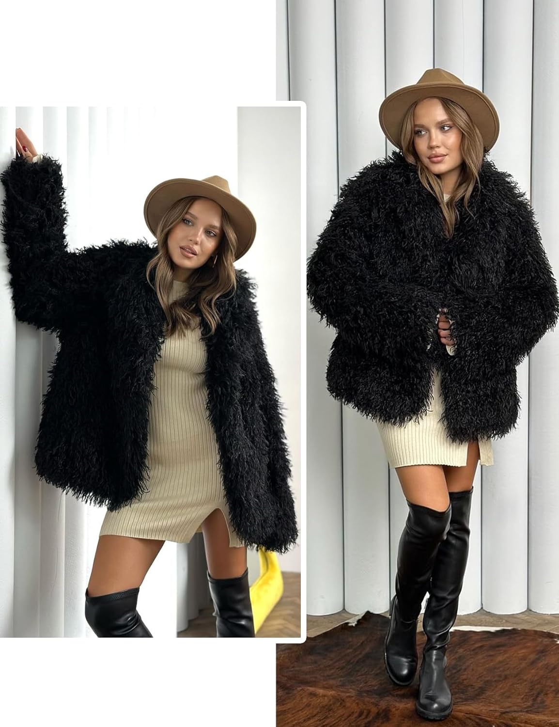Flygo Women's Faux Fur Coat Jacket Fluffy 2025 Winter Jackets Lapel Long Sleeve Loose Shaggy Coats Outerwear - Image 7