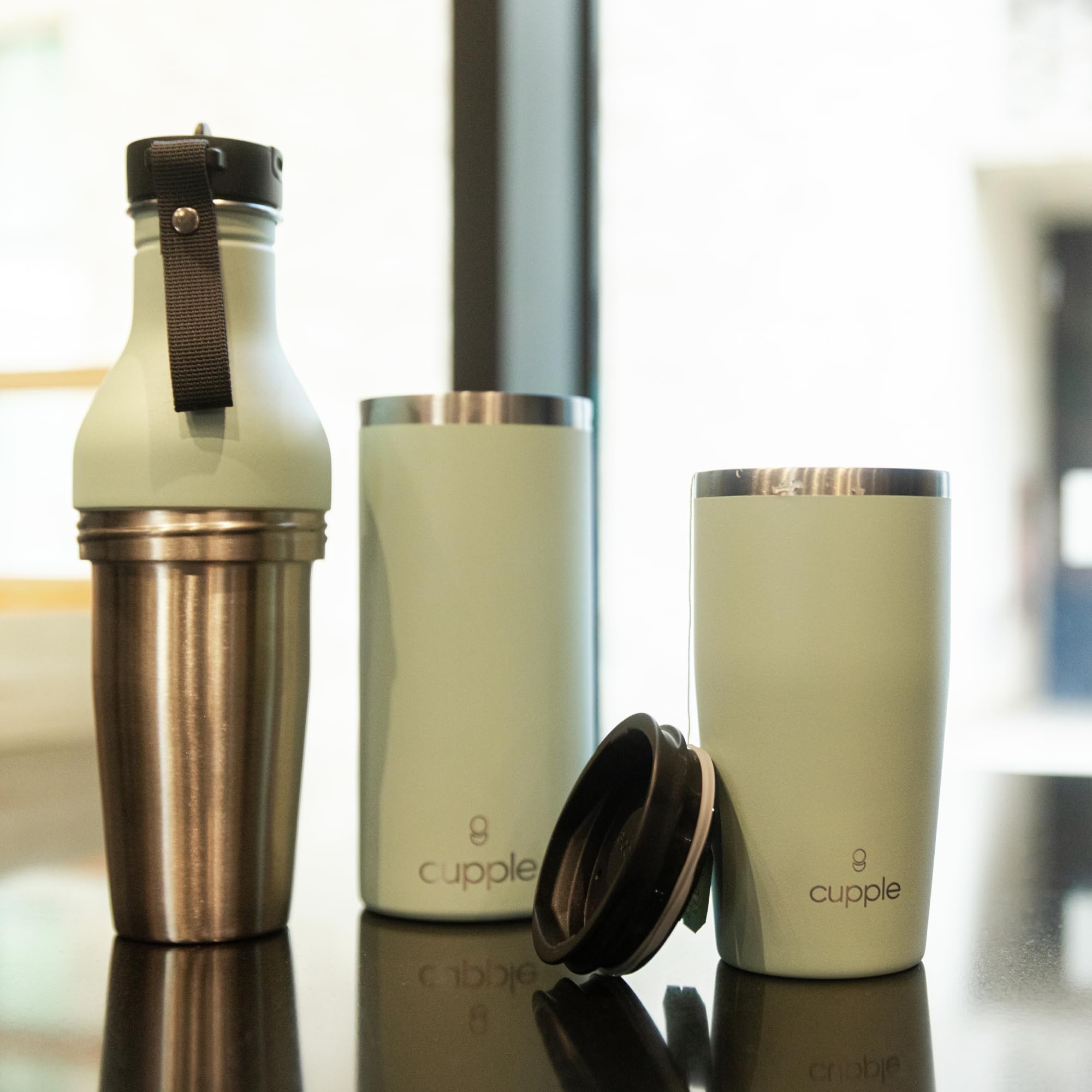 Taza + botella, acero inoxidable, bebidas frías y calientes, a prueba de fugas, se adapta a portavasos, taza de café integrada, pimienta negra (verde marino)