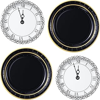 48 Pcs New Year's Eve Clock Paper Plates Black Gold Clock Pattern Dinner Plates 2026 New Year's Countdown Table Decorations, 9 Inch and 7 Inch, for Home Office Classroom Hello 2026 party