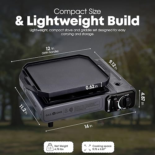 Miniatura 3 de GasOne GS-1000G-KIT Estufa de gas butano con plancha plana incluida  Parrilla de butano para cocinar para camping, cocina  Aluminio fundido a