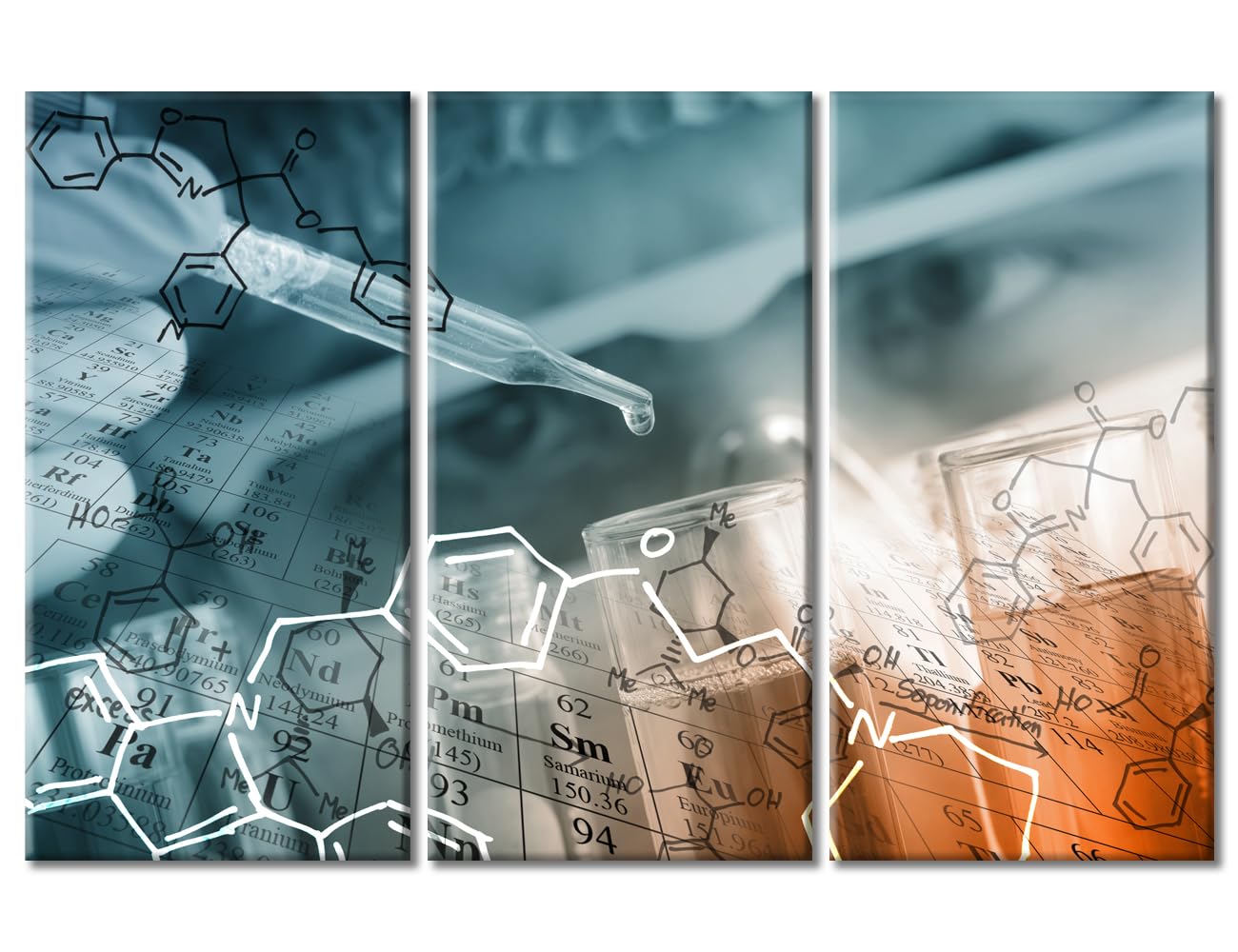 3 Panels Chemical Equations Laboratory Research Concept Canvas Wall Art Medical Posters Young Scientist Art Prints Giclee Wooden Framed Gallery-Wrapped Ready to Hang (42" Wx28 H)