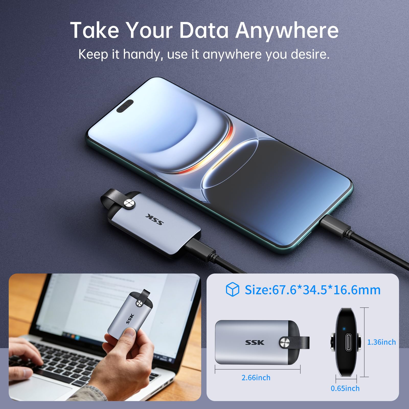 SSK SSD esterno 1TB velocità massima fino a 2000 MB/s Disco rigido USB C portatile solo per USB 3.2 Gen2x2, unità a stato solido esterne con manico in pelle per iPhone 15/16/17/Android/Windows/Tablet