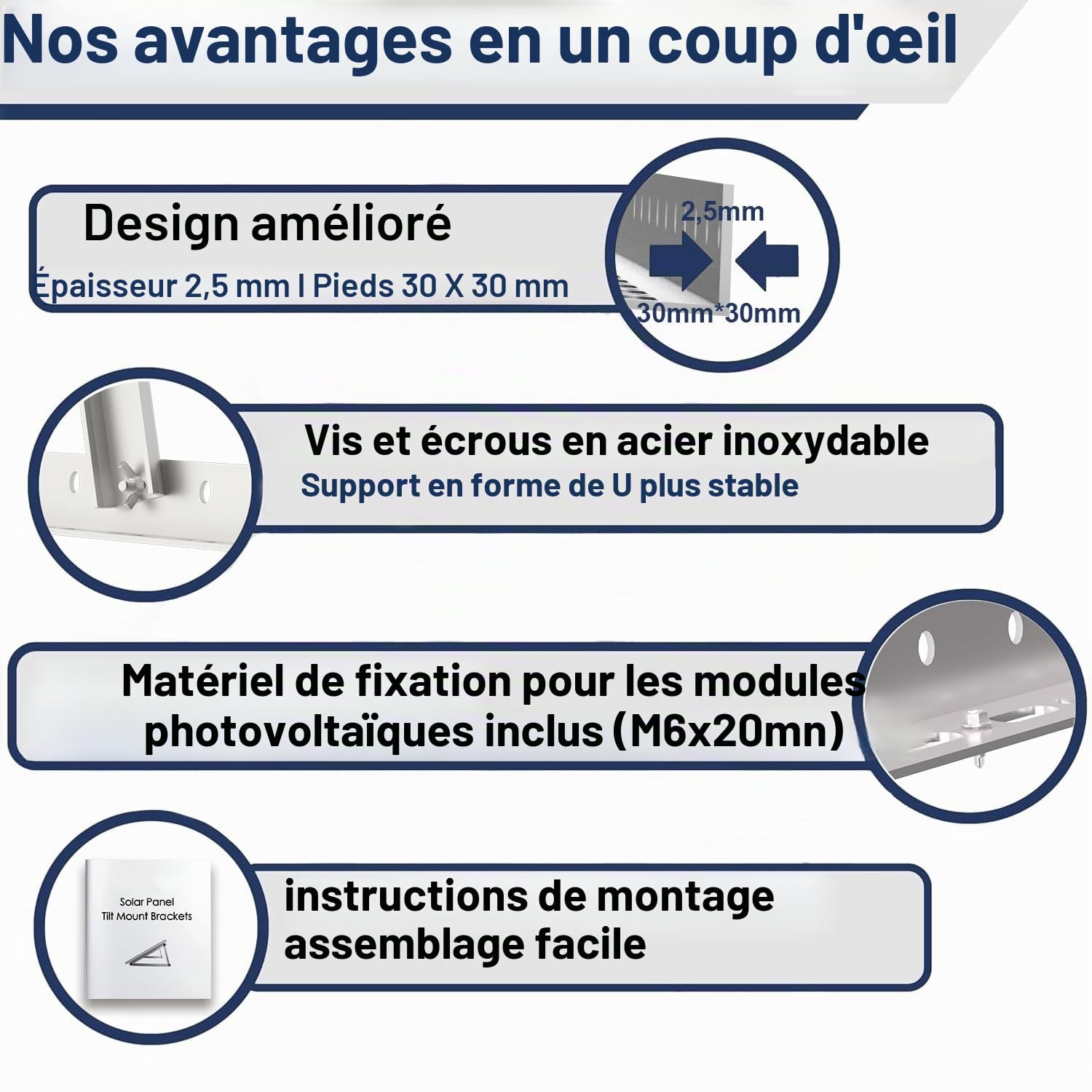 1 ensemble de supports de montage de panneau solaire réglables de 114,3 cm avec pieds inclinables pliables, convient pour 1 à 2 panneaux solaires de 100, 200, 300, 400, 500 W pour toit, camping-car