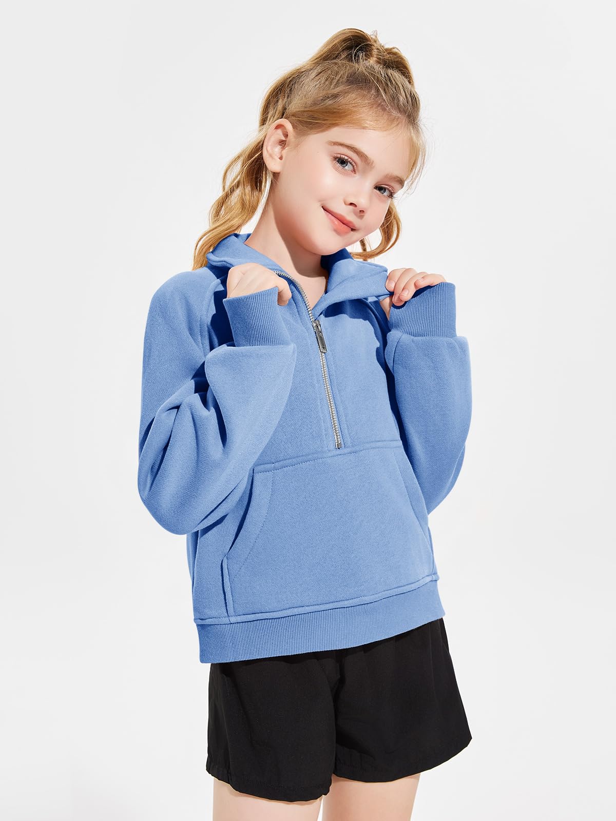 Haloumoning Sudadera corta de forro polar con media cremallera para niñas | Sudadera con agujero para el pulgar, manga larga, para niños, adolescentes, ajuste holgado, bolsillos canguro