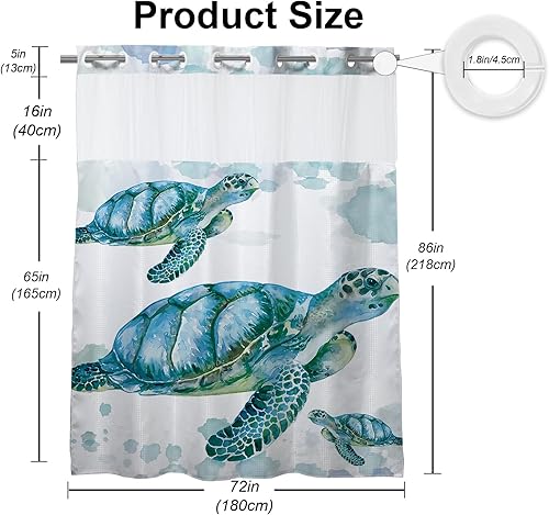 Vista 257 de Cortina de ducha de tortugas marinas, temática náutica de playa, verde y verde azulado, sin ganchos, punto gofre y forro desmontable, decoración