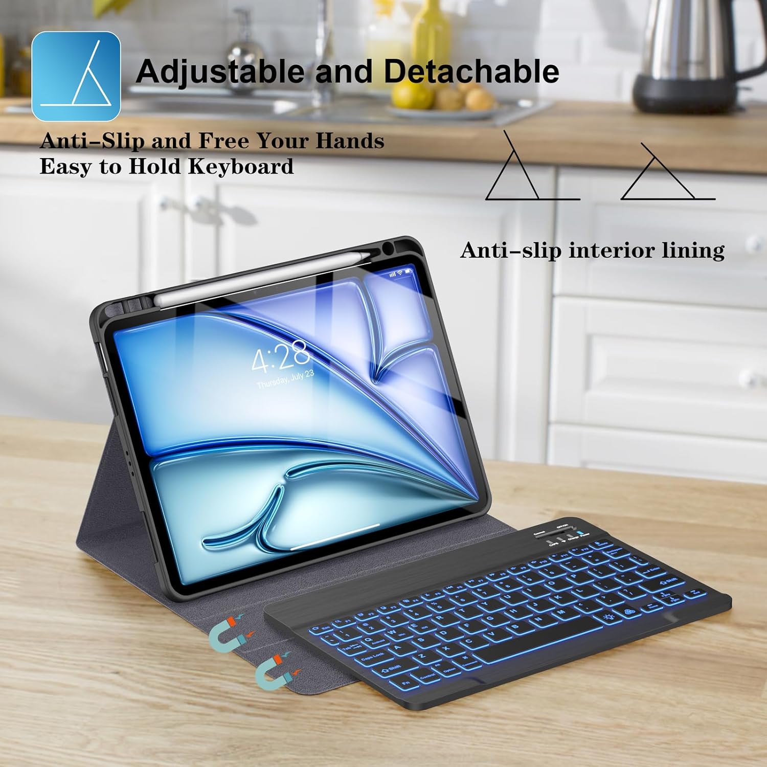 Supveco Keyboard Case for iPad Air 11 Inch (M3 2025,M2 2024),iPad Air 5th/4th Generation with Pencil Holder-7 Colors Backlit Wireless Detachable Folio Keyboard Cover with Soft TPU Back-Black - Image 5