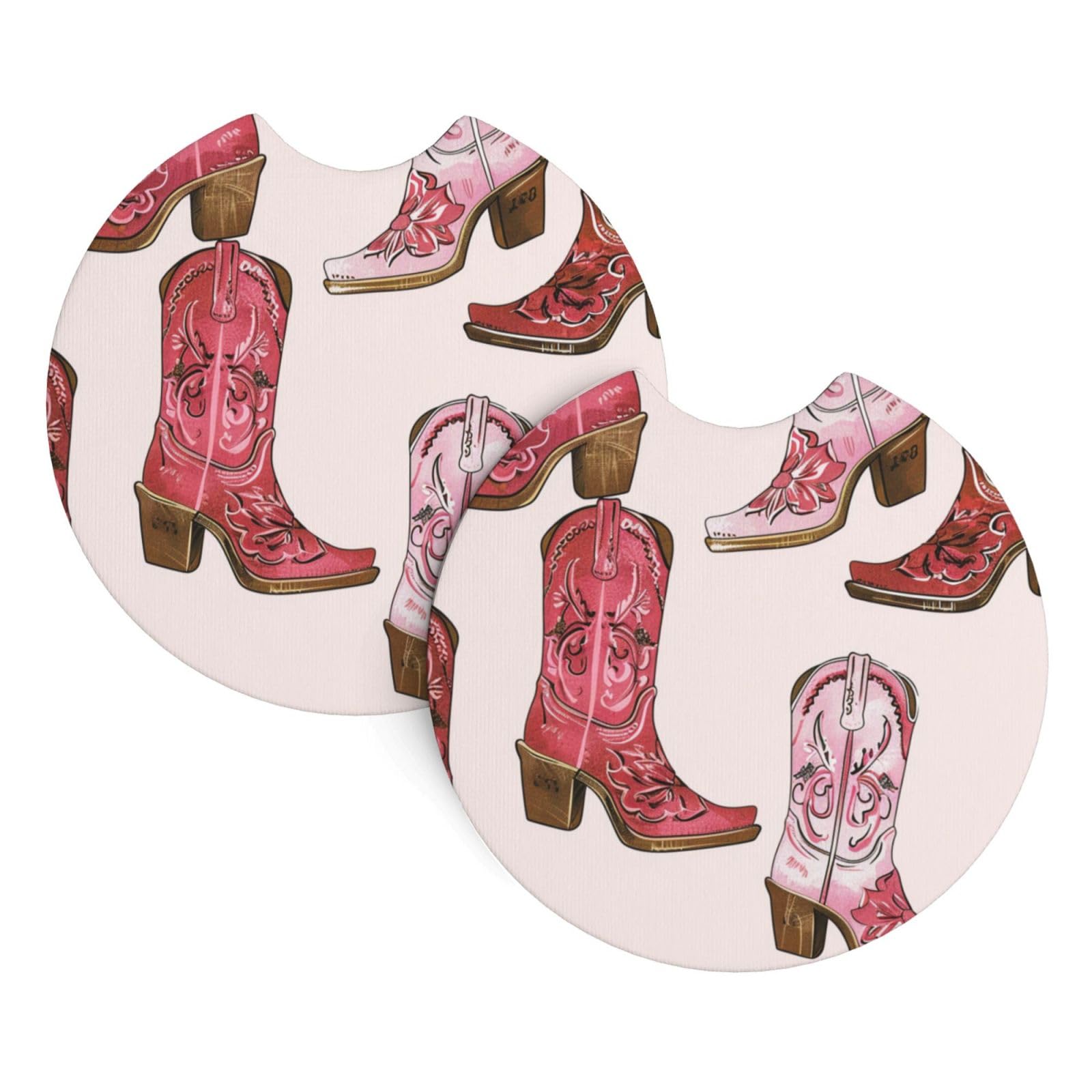 Raunew 2 Pcs Car Cup Holder Coaster, 2.75 Inch Pink Cowgirl Boots Western Cowboy Colorful Anti-Slip Car Coasters for Cup Holders, Shockproof Cup